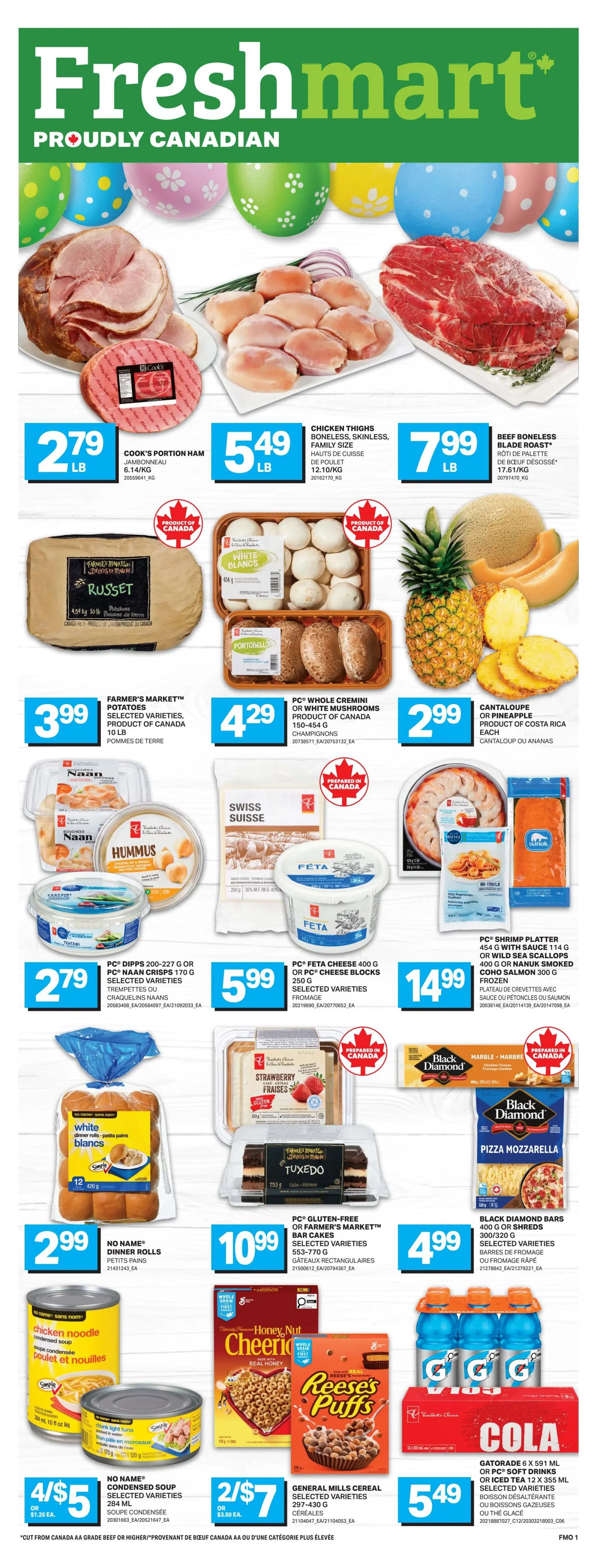 River of Fire Market Proudly Canadian flyer featuring Easter Essentials. Deals include Ruffles, Doritos Chips or Cheetos Snacks selected varieties, 180-285 g for 2 for $7, or $3.50 each. Knorr Sidekicks or Stove Top Stuffing selected varieties, 120-167 g for 3 for $5, or $1.67 each. Green Giant Vegetables selected varieties, frozen, 400-750 g for $2.99. PC Appetizers selected varieties, frozen, 170-574 g for $7.99. No Name Canola or Vegetable Oil, 3 L for $6.99. The flyer is valid from Thursday, March 26th to Wednesday, April 1st, 2026.