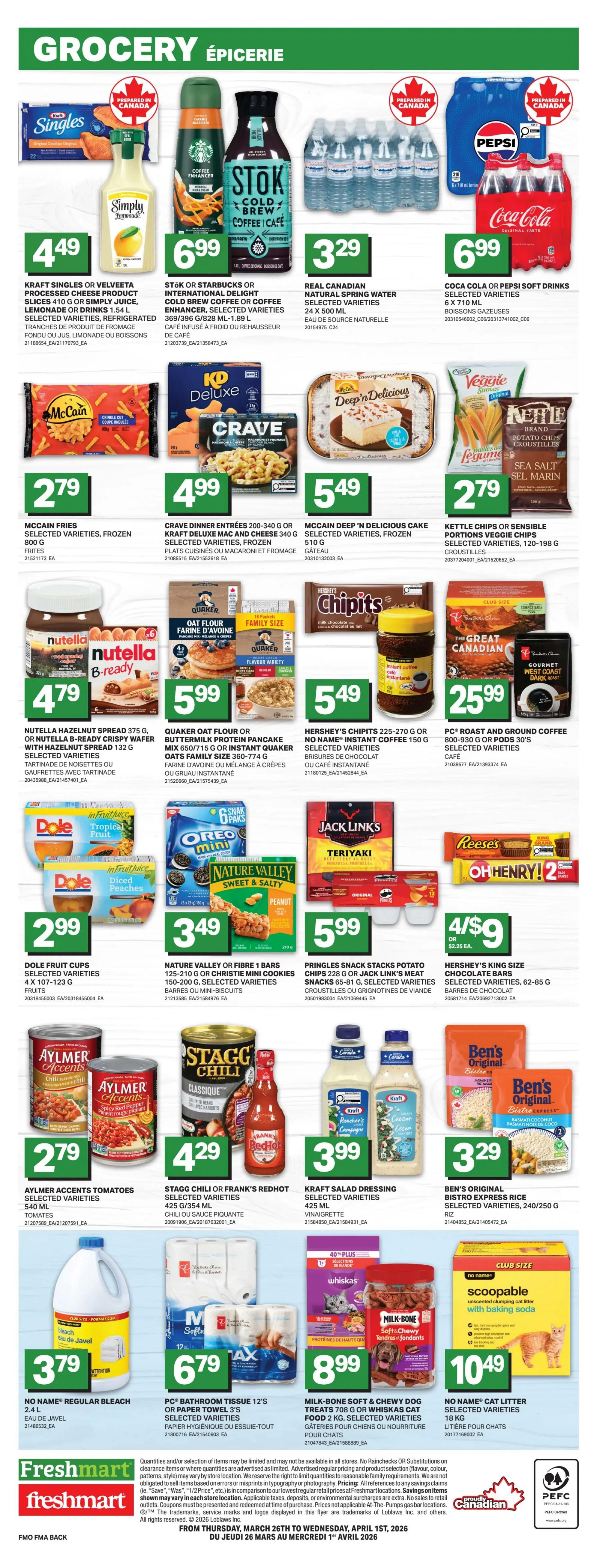 Freshmart weekly flyer specials page 4, featuring Kraft Singles or Velveta processed cheese slices for $4.49, Simply Juice Lemonade or drinks for $4.49, Stok or Starbucks Cold Brew Coffee for $6.99, and Real Canadian Natural Spring Water 24 x 500 mL for $3.29. Also on sale are Coca Cola or Pepsi soft drinks 6 x 710 mL for $6.99. McCain Fries frozen for $2.79, Crave Dinner Entrees for $4.99, and McCain Deep 'n Delicious Cake for $5.49. Kettle Chips or Sensible Portions Veggie Chips are $2.79. Nutella Hazelnut Spread and B-ready bars for $4.79, Quaker Oat Flour or Buttermilk Pancake Mix for $5.99, and Hershey's Chipits for $5.49. PC Roast and Ground Coffee pods are $25.99. Dole Fruit Cups for $2.99, Nature Valley or Christie Mini Cookies for $3.49, Pringles Snack Stacks or Jack Link's Meat Snacks for $5.99, and Hershey's King Size Chocolate Bars for 4/$9. Aylmer Accents Tomatoes for $2.79, Stagg Chili or Frank's Redhot Chili Sauce for $4.29, and Kraft Salad Dressing for $3.99. Ben's Original Bistro Express Rice for $3.29. No Name Regular Bleach for $3.79, PC Bathroom Tissue 12's or Paper Towel 3's for $6.79, and Milk-Bone Soft & Chewy Dog Treats or Whiskas Cat Food for $8.99. No Name Cat Litter for $10.49.