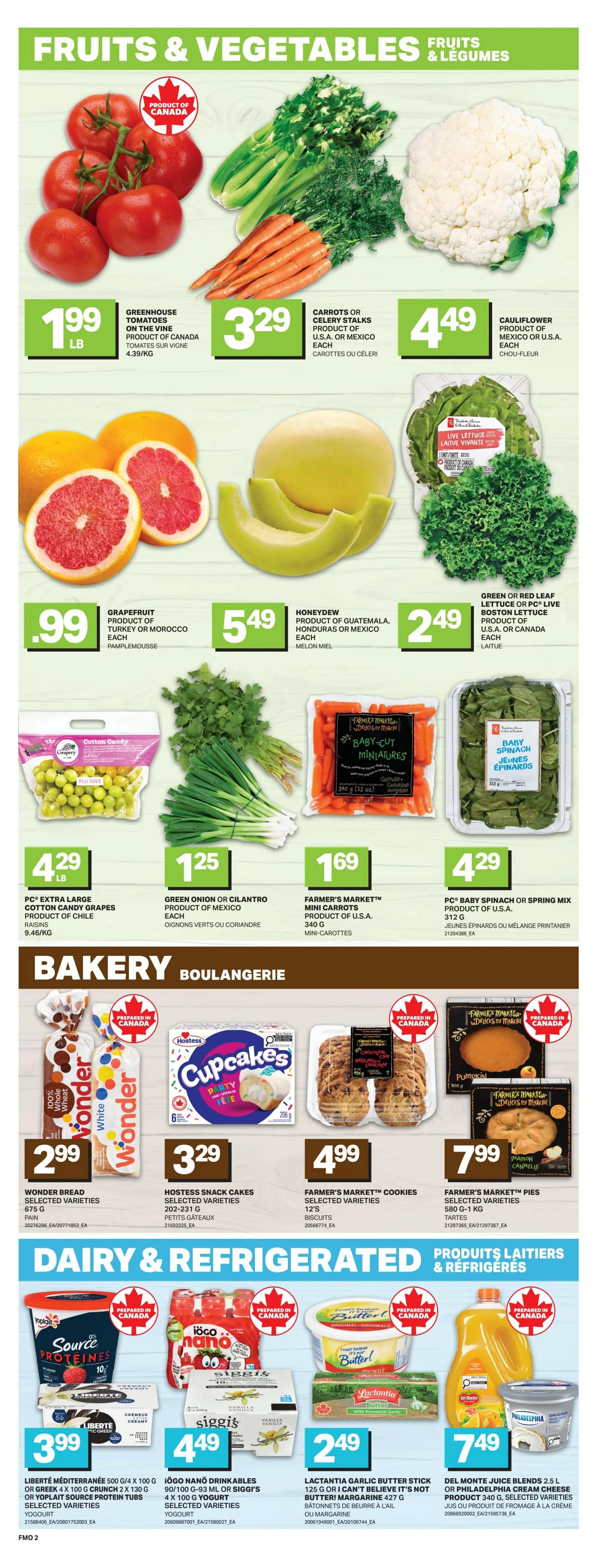 Freshmart weekly flyer specials page 5 features a variety of fresh produce, bakery items, and dairy products. In the Fruits & Vegetables section, find Greenhouse Tomatoes on the vine for $1.99 LB, Carrots or Celery Stalks for $3.29 each, and Cauliflower for $4.49 each. Also available are Grapefruit for $0.99 each, Honeydew for $5.49 each, and Green or Red Leaf Lettuce or PC Live Boston Lettuce for $2.49 each. Additional produce includes PC Extra Large Cotton Candy Grapes for $4.29 LB, Green Onion or Cilantro for $1.25 each, Farmer's Market Mini Carrots for $1.69, and PC Baby Spinach or Spring Mix for $4.29. The Bakery section offers Wonder Bread for $2.99, Hostess Snack Cakes for $3.29, Farmer's Market Cookies for $4.99, and Farmer's Market Pies for $7.99. In the Dairy & Refrigerated section, see Liberte Mediterranee 500g or 4x100g Greek or Yoplait Source Protein Tubs for $3.99, IOGO Nano Drinkables or Siggi's Yogurt for $4.49, Lactantia Garlic Butter Stick for $2.49, and Del Monte Juice Blends or Philadelphia Cream Cheese Product for $7.49.
