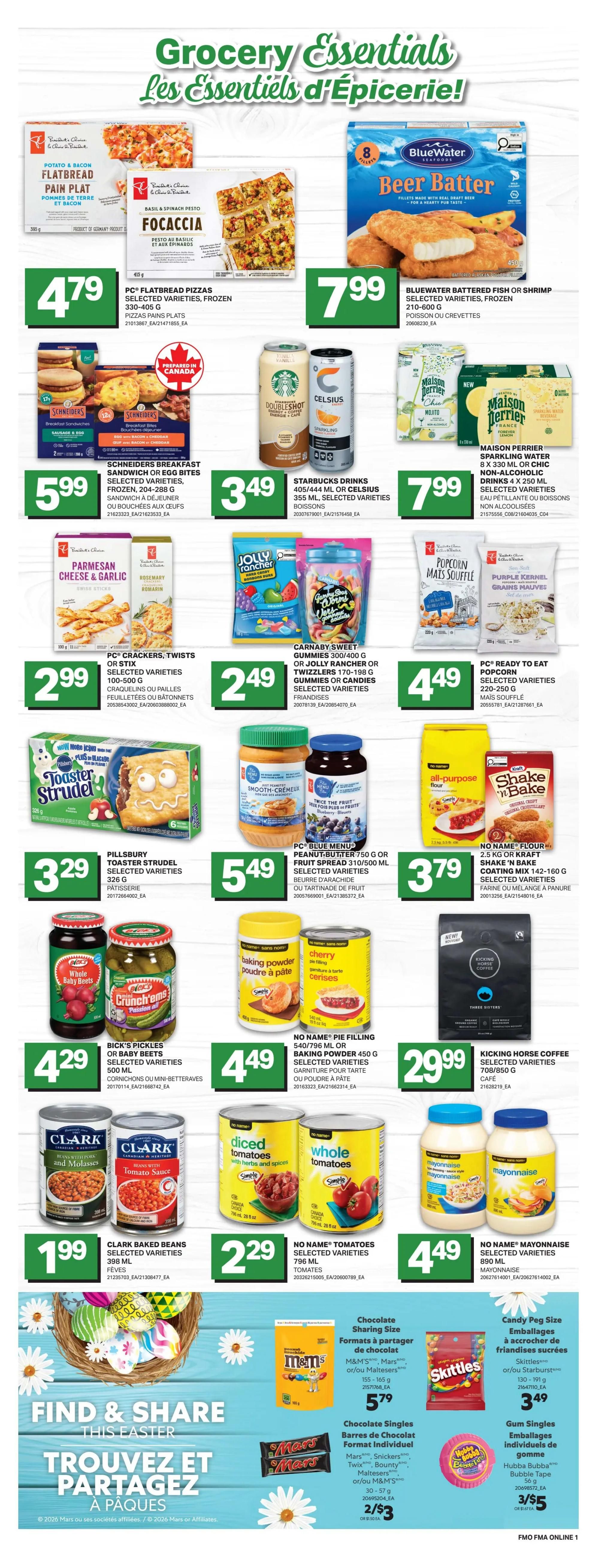 Freshmart grocery flyer page 7 featuring various deals. Offers include PC Flatbread Pizzas for $4.79, Bluewater Battered Fish or Shrimp for $7.99, and Schneiders Breakfast Sandwiches or Egg Bites for $5.99. Also featured are Starbucks Drinks for $3.49, Maison Perrier Sparkling Water or Chic Non-Alcoholic Drinks for $7.99, and PC Crackers, Twists or Stix for $2.99. Other deals include Carnaby Sweet Gummies for $2.49, PC Ready to Eat Popcorn for $4.49, Pillsbury Toaster Strudel for $3.29, PC Blue Menu Peanut Butter or Fruit Spread for $5.49, and Kraft Shake 'n Bake Coating Mix for $3.79. Additionally, find Bick's Pickles or Baby Beets for $4.29, No Name Pie Filling or Baking Powder for $4.49, and Kicking Horse Coffee for $29.99. Clark Baked Beans are $1.99, and No Name Tomatoes are $2.29. No Name Mayonnaise is $4.49. Easter treats include M&M's Sharing Size for $5.79, Skittles or Starburst for $3.49, Mars, Snickers, Twix, Bounty Maltesers or M&M's Singles for 2 for $3, and Hubba Bubba Bubble Tape for 3 for $5.