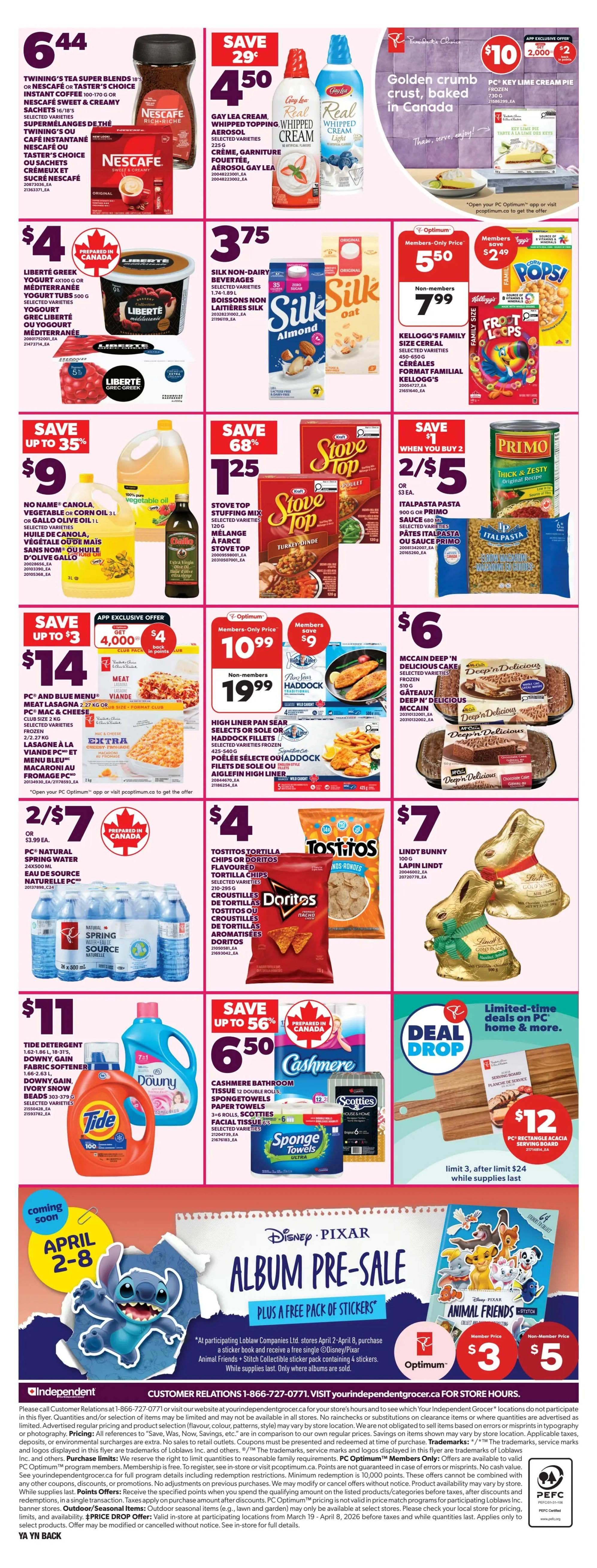 Independent flyer page 2 features a variety of grocery specials. Top deals include Twining's Tea Blends or Nescafe Instant Coffee for $6.44, Gay Lea Whipped Topping for $4.50, and a Golden Crumb Crust Baked in Canada PC Key Lime Pie for $10 with 2,000 PC Optimum points. Also featured are Liberté Greek Yogurt for $4, Silk Non-Dairy Beverages for $3.75, and Kellogg's Family Size Cereals at $5.50 for members and $7.99 for non-members. Save up to 35% on No Name or Compliments Cooking Oil for $9. Stove Top Stuffing Mix is on sale for $1.25, and Primo or Italpasta Pasta is 2 for $5 when you buy 2. Get PC Blue Menu Meat Lasagna or Mac & Cheese for $14 with an app exclusive offer of 4,000 points. High Liner Pan Sear Fillets are $10.99 for members and $19.99 for non-members. McCain Deep 'n Delicious Cakes are $6. Lindt Bunny chocolate is $7. PC Natural Spring Water 24x500mL is 2 for $7. Tostitos Tortilla Chips or Doritos are $4. Tide Detergent or Downy Fabric Softener is $11. Save up to 56% on Cashmere Bathroom Tissue, Scotties Facial Tissues, or Sponge Towels for $6.50. A limited-time Deal Drop offers a PC Rectangular Acacia Serving Board for $12. Finally, a Disney Pixar Album Pre-Sale with a free sticker pack is available from April 2-8, with Animal Friends albums priced at $3 for members and $5 for non-members.