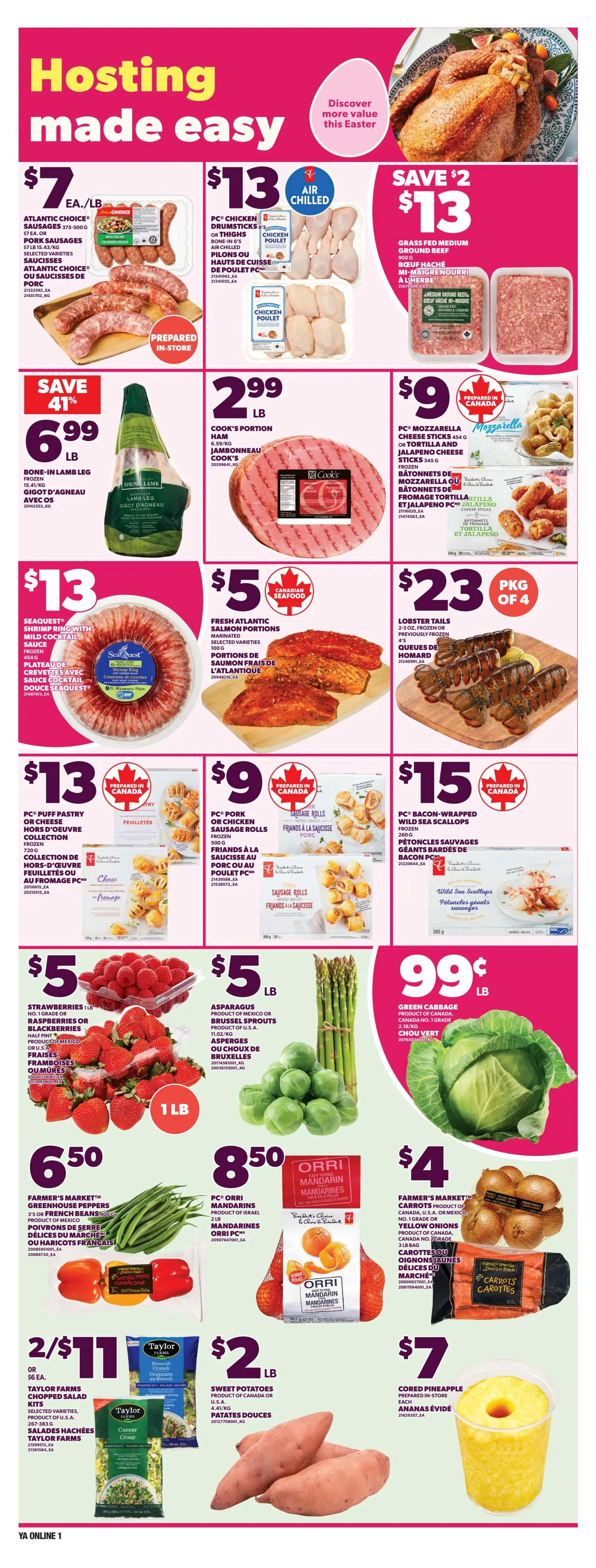 Independent flyer page 3 features 'Hosting made easy' with Easter-themed promotions. Top row includes Atlantic Choice sausages at $7 EA./LB, PC Chicken drumsticks or thighs bone-in for $13 AIR CHILLED, and Grass Fed Medium Ground Beef for $13, saving $2. The second row showcases Bone-in Lamb Leg for $6.99 LB (save 41%), Cook's Portion Ham for $2.99 LB, and PC Mozzarella Cheese Sticks or Tortilla and Jalapeno Cheese Sticks for $9. The third row highlights Seaquest Shrimp Ring with mild cocktail sauce for $13, Fresh Atlantic Salmon Portions for $5, and Lobster Tails (2-3 oz, frozen or previously frozen) for $23 per package of 4. The fourth row features PC Puff Pastry or Cheese Rolls for $13, PC Pork or Chicken Sausage Rolls for $9, and PC Bacon-Wrapped Wild Sea Scallops for $15. The bottom section includes Strawberries (1 lb) for $5, Asparagus or Brussels Sprouts for $5 LB, Green Cabbage for $0.99 LB, Farmer's Market Greenhouse Peppers for $6.50, PC Orri Mandarins for $8.50, Farmer's Market Carrots and Yellow Onions for $4, Taylor Farms Chopped Salad Kits (2 for $11), Sweet Potatoes for $2 LB, and Cored Pineapple for $7.