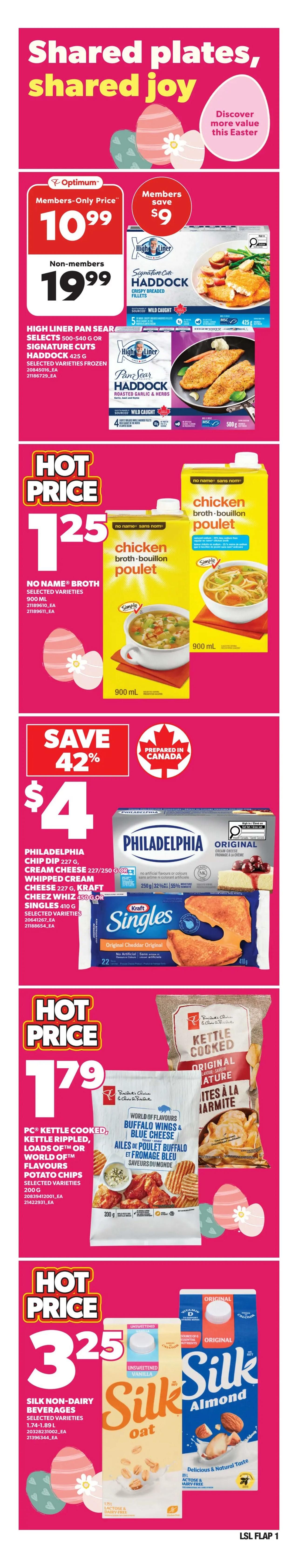 Loblaws weekly flyer specials page 2. Save up to $2.49 on Marcangelo Italian Deli Sliced Meat 85g or Boursin Soft Cheese 150g for $6. Hot price of $3 for PC Dips or Hummus 200-227g and Naan Crisps 170g. Save up to $2.99 on PC Smoked Salmon, selected varieties, frozen 125-150g for $10. Hot price of $3.75 for Sourdough or Pumpernickel Bread 574g, baked in-store, in celebration of National Sourdough Bread Day on Wednesday, April 1st. Save up to $2 on Neilson Trutaste Microfiltered Milk 1L or Lactose-Free Milk 2L for $5.19. Hot price of $3 for PC Natural Spring Water 24x500mL. The page also features a 'Help Feed More Families' campaign in proud association with Food Banks Canada.