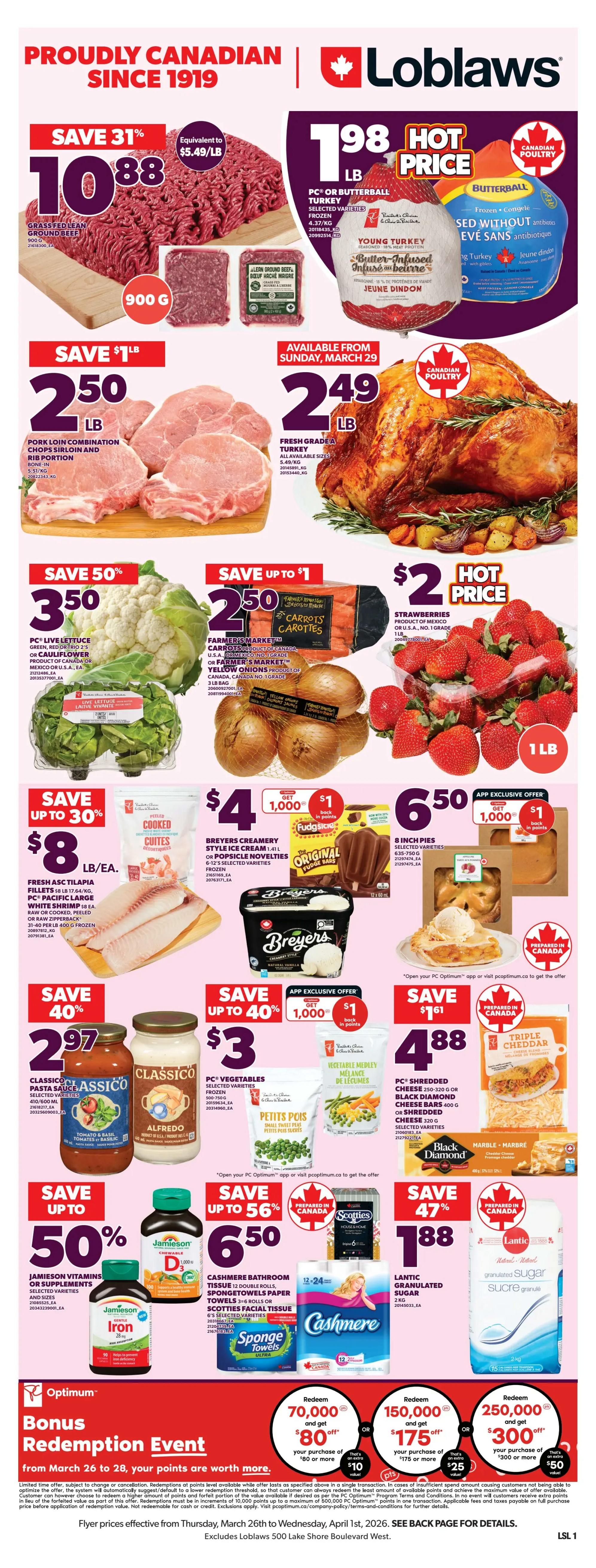 Loblaws Weekly Flyer Specials page 1 features Easter-themed promotions. Members can purchase High Liner Pan Sear Selects or Signature Cuts Haddock for $10.99, a saving of $9 from the non-member price of $19.99. No Name Broth in selected varieties is on hot price for $1.25. Philadelphia Chip Dip, Cream Cheese, Whipped Cream Cheese, Kraft Cheez Whiz, or Singles are on sale for $4, representing a 42% saving. PC Kettle Cooked, Kettle Rippled, Loads or World of Flavours Potato Chips are $1.79. Silk Non-Dairy Beverages in selected varieties are $3.25.