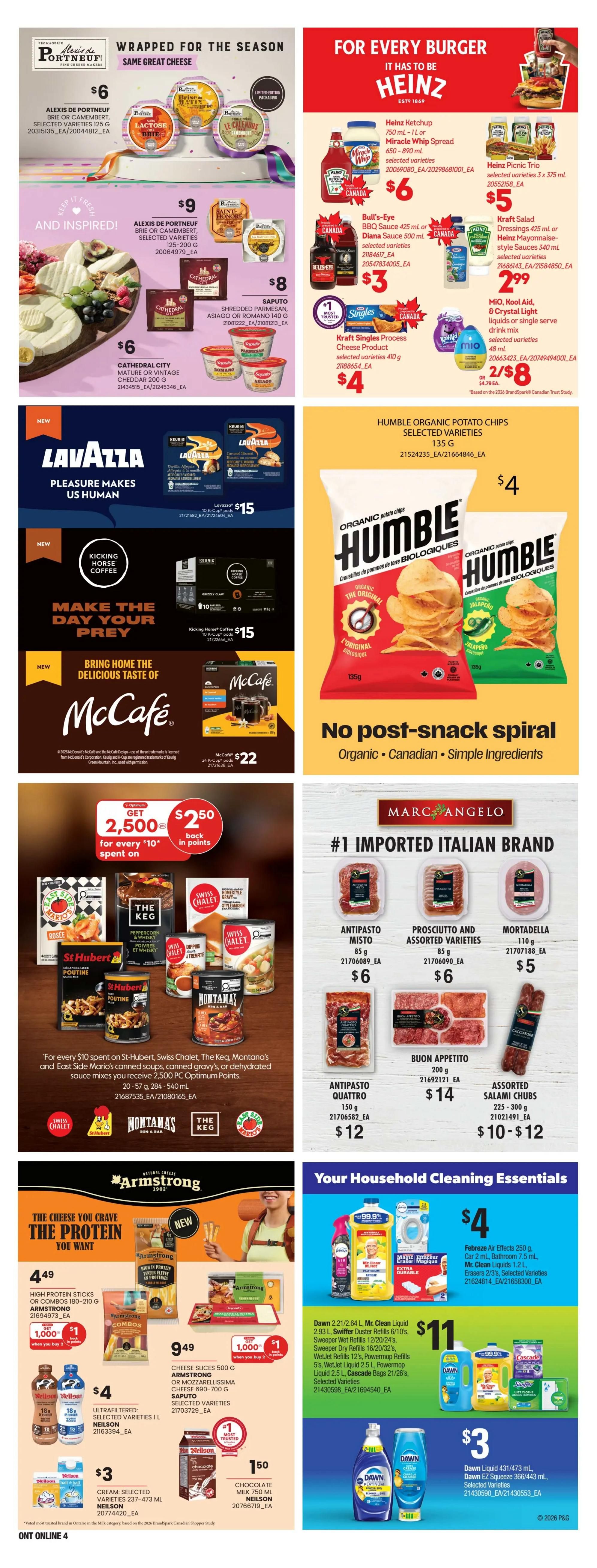 Loblaws Weekly Flyer Specials page 16 features a variety of food and household items. Top left showcases Alexis de Portneuf cheeses for $6 and $9, and Saputo shredded Parmesan for $8. Below, Cathedral City Cheddar is $6. The Heinz section highlights Ketchup for $6, Miracle Whip Spread for $6, Picnic Trio for $5, Bull's-Eye BBQ Sauce for $3, Kraft Salad Dressings and Mayonnaise for $2.99, and Kraft Singles Process Cheese for $4. MIO, Kool-Aid, and Crystal Light singles are 2 for $8. The centre features Lavazza coffee for $15, Kicking Horse Coffee for $15, and McCafe coffee for $22. Humble Organic Potato Chips are $4. A promotion offers $2.50 back in points for every $10 spent on St-Hubert, Swiss Chalet, The Keg, Montana's, and East Side Mario's products. Marc Angelo Italian Brand offers Antipasto Misto for $6, Prosciutto and Assorted Varieties for $6, Mortadella for $5, Antipasto Quattro for $12, Buon Appetito for $14, and Assorted Salami Chubs for $10-$12. The bottom left showcases Armstrong High Protein Sticks or Combos for $4.49, Armstrong Cheese Slices for $9.49, and Neilson Ultrafiltered Selected Varieties for $4. Neilson Chocolate Milk is $1.50. The right side features household cleaning essentials: Febreze Air Effects, Mr. Clean Liquids, and Erasers for $4; Dawn Dish Soap, Swiffer Duster Refills, WetJet Refills, and Cascade Bags for $11; and Dawn Liquid and Ez Squeeze for $3.