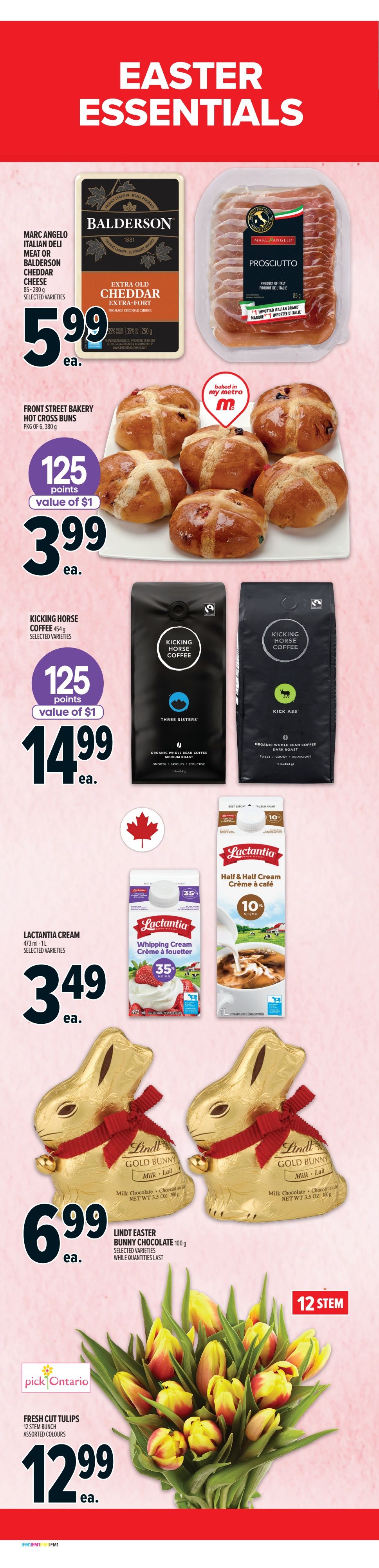 Metro flyer page 2 featuring a scavenger hunt for sweet treats and fun on Saturday, March 28 from 10 am to 4 pm. Deals include Fresh Vegetable or Fruit Carousel for 125 points ($1 value) and $12.99 ea. Irresistible Spiral Sliced Honey Ham is $3.99/lb. Fresh 2 Go Hot BBQ Mammoth Chicken 1kg is $11.99 ea. Schneiders or Maple Leaf Bacon or Johnsonville Breakfast Sausages are $4.99 ea. Irresistibles Artisan Black Forest Ham, Emmental or Swiss Cheese is $2.99/100g. Front Street Bakery Homestyle Cookies are $6.99 ea. Aquastar Cooked or Raw Shrimp, Frozen, 200g or Smoked Salmon, Frozen, 400g is $19.99 ea. with 125 points ($1 value). High Liner Signature Pan-Sear or Catch of the Day Fish Fillets, Frozen, 425g-1.32kg are $9.99 ea. Campbell's Soup 284ml is $0.99 ea. Tostitos Tortilla Chips are $3.49 ea. with 125 points ($1 value). Silk Beverage 1.75-1.89L or Danone Oikos Yogurt 4x100g are $3.49 ea. Kellogg's or General Mills Family Size Cereal 549 ea. Coca-Cola, Canada Dry or Pepsi Soft Drinks 12x355mL are $7.49 ea. with 125 points ($1 value). Robin Hood or Five Roses All Purpose Flour 10kg is $11.97 ea. Flyer valid March 26 - April 1, 2026.