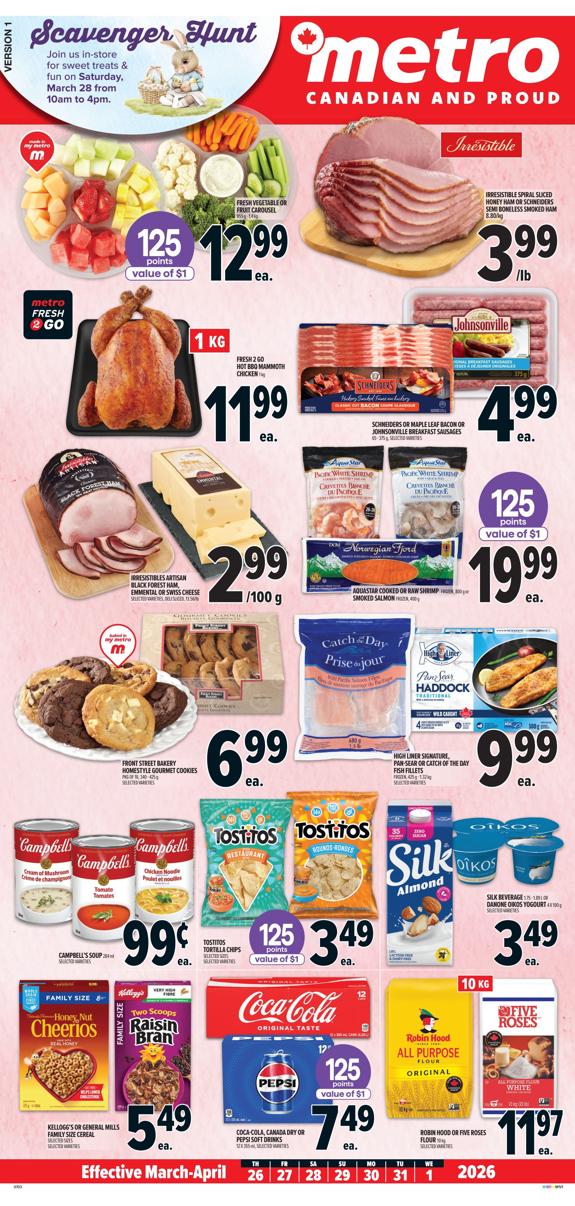Metro Ontario flyer page 1 features Easter Essentials. Offers include Balderson Extra Old Cheddar Cheese for $5.99 each, and Marc Angelo Prosciutto for an unlisted price. Front Street Bakery Hot Cross Buns are $3.99 each, with 125 Metro points (value of $1) when you buy them. Kicking Horse Coffee, 454g selected varieties, is $14.99 each and also comes with 125 Metro points (value of $1). Lactantia Cream, 473ml, is $3.49 each. Lindt Easter Bunny Chocolate, 100g selected varieties, is $6.99 each. Fresh cut tulips, 12 stem bunch assorted colours, are $12.99 each.