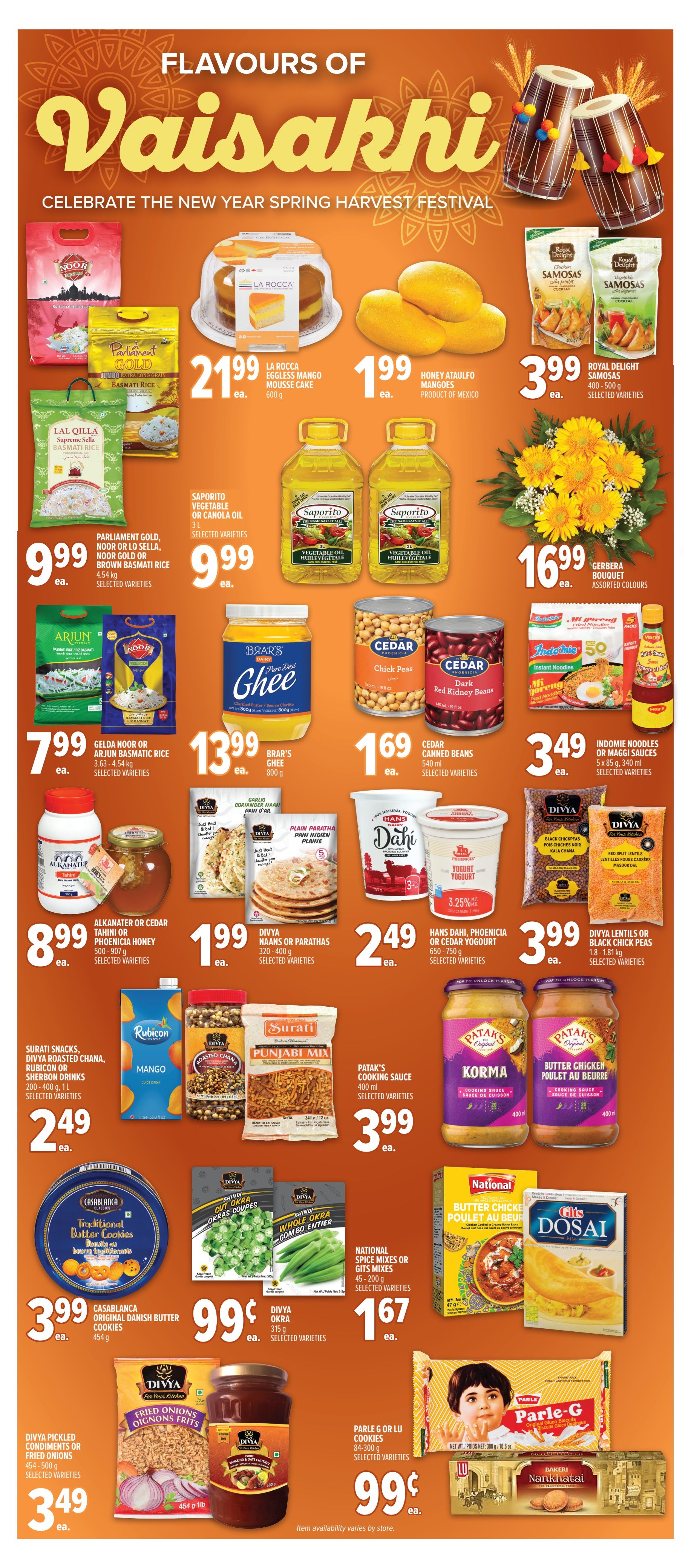 Metro Ontario weekly flyer specials page 14, celebrating 'Flavours of Vaisakhi - Celebrate the New Year Spring Harvest Festival'. Featured items include La Rocca Eggless Mango Mousse Cake for $21.99, Honey Ataulfo Mangoes for $1.99, and Royal Delight Samosas for $3.99. Also available are Parliament Gold, Noor Gold, or Brown Basmati Rice for $9.99, Saporito Vegetable or Canola Oil for $9.99, and Gerbera Bouquets for $16.99. Other deals include Gelda Noor or Arjun Basmati Rice for $7.99, Brar's Ghee for $13.99, and Cedar Canned Beans (Chick Peas or Red Kidney Beans) for $1.69. Alkanater or Cedar Tahini or Phoenicia Honey are $8.99. Divya Naans or Parathas are $1.99. Hans Dahi, Phoenicia or Cedar Yogurt is $2.49. Indomie Noodles or Maggi Sauces are $3.49. Divya Lentils or Black Chick Peas are $3.99. Casablanca Original Danish Butter Cookies are $3.99. Divya Okra (Cut Okra or Whole Okra) is $0.99. National Spice Mixes or Gits Mixes are $1.67. Patak's Cooking Sauce is $3.99. Divya Pickled Condiments or Fried Onions are $3.49. Parle G or Lu Cookies are $0.99. Bakeri Nankhatai are also featured.