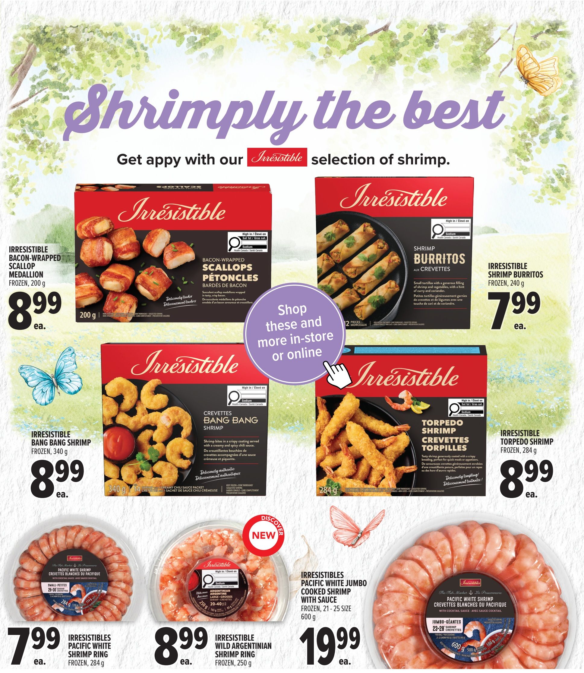 Metro flyer page 23 featuring a selection of Irresistibles brand shrimp products. Offers include Irresistibles Bacon-Wrapped Scallop Medallions, frozen, 200 g for $8.99. Irresistibles Shrimp Burritos, frozen, 240 g for $7.99. Irresistibles Bang Bang Shrimp, frozen, 340 g for $8.99. Irresistibles Torpedo Shrimp, frozen, 284 g for $8.99. Also featured are Irresistibles Pacific White Shrimp Ring, frozen, 284 g for $7.99, and Irresistibles Wild Argentinian Shrimp Ring, frozen, 250 g for $8.99. A large package of Irresistibles Pacific White Jumbo Cooked Shrimp with Sauce, frozen, 21-25 size, 600 g is available for $19.99. The page has a theme of 'Shrimply the best' and encourages shoppers to 'Shop these and more in-store or online.
