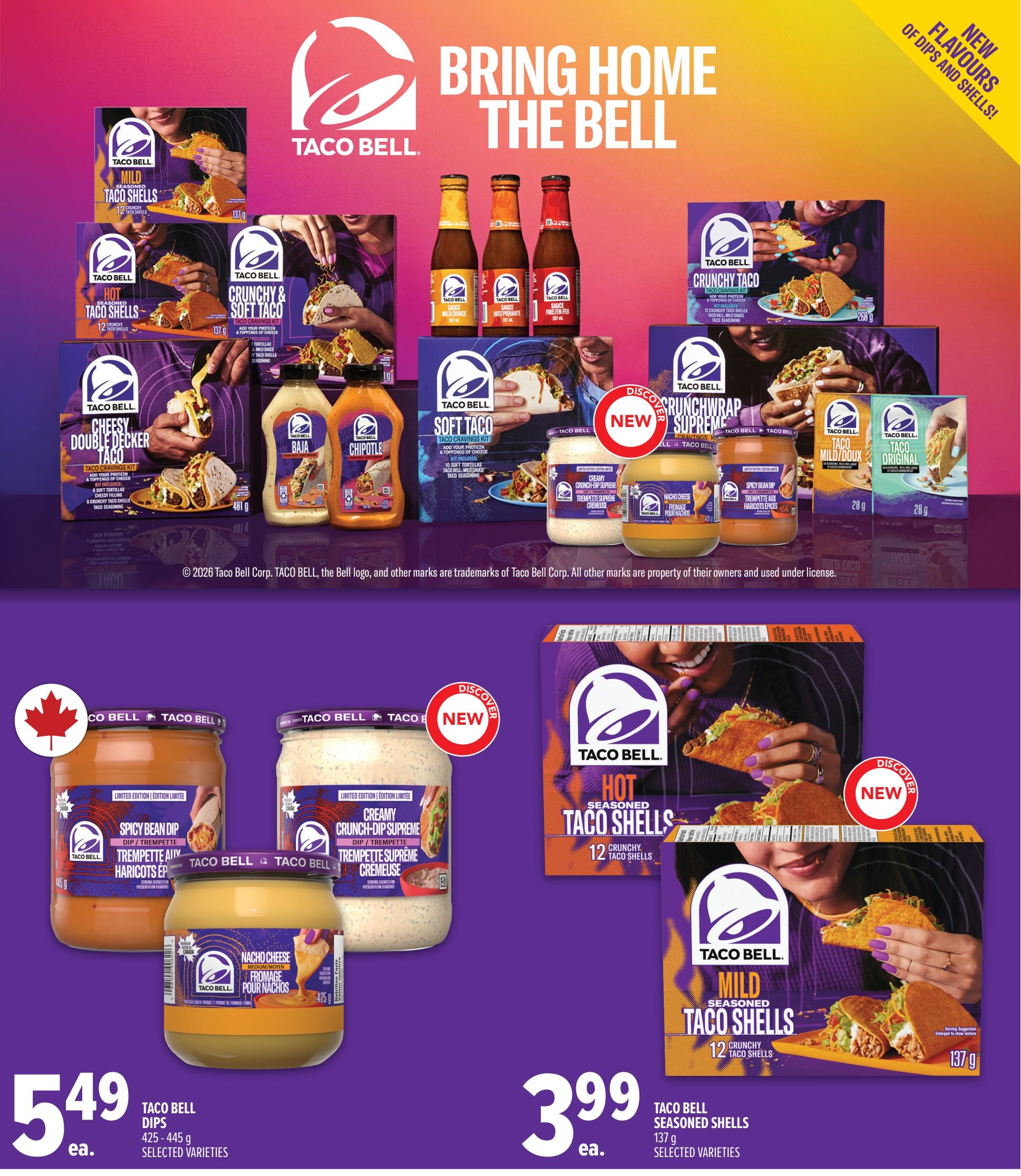 Metro Ontario weekly flyer specials page 24 featuring Taco Bell products. Bring Home The Bell with new flavours of dips and shells. Featured products include Taco Bell Mild Seasoned Taco Shells (12 ct, 137g), Taco Bell Hot Seasoned Taco Shells (12 ct, 137g), Taco Bell Crunchy & Soft Taco Kit, Taco Bell Cheesy Double Decker Taco Kit, Taco Bell Soft Taco Kit, Taco Bell Baja Sauce, and Taco Bell Chipotle Sauce. Also on sale are Taco Bell Limited Edition Spicy Bean Dip (445g) and Creamy Crunch-Dip Supreme (445g) for $5.49 each, and Taco Bell Nacho Cheese Dip (425g). Taco Bell Mild Seasoned Taco Shells (137g) are on sale for $3.99 each. The page highlights new flavours of dips and shells.
