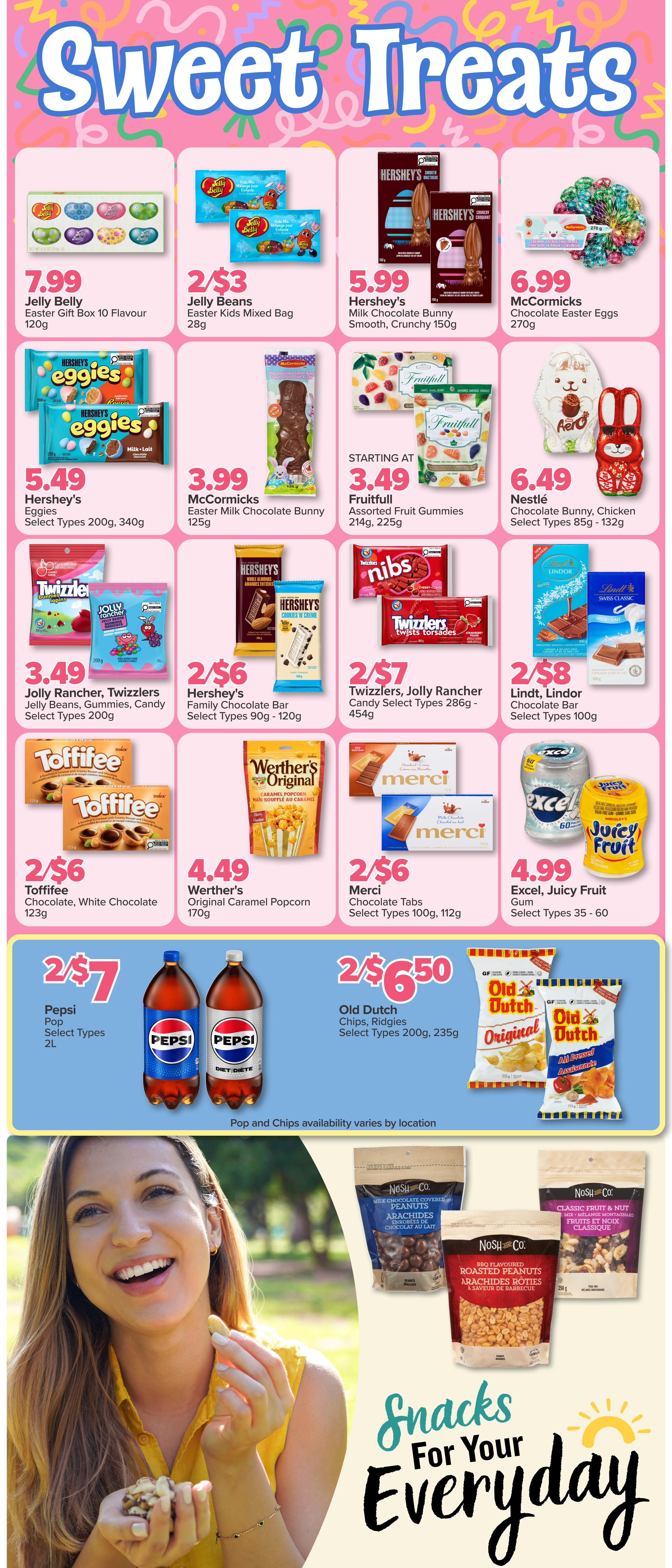 PharmaChoice flyer page 5 featuring 'Sweet Treats'. Offers include Jelly Belly Gift Box for $7.99, Jelly Beans Easter Kids Mixed Bag 2/$3, Hershey's Milk Chocolate Bunny 150g for $5.99, and McCormicks Chocolate Easter Eggs 270g for $6.99. Also featured are Hershey's Eggies select types 200g/340g for $5.49, McCormicks Easter Milk Chocolate Bunny 125g for $3.99, and Fruitfull Assorted Fruit Gummies 214g/225g starting at $3.49. Other deals are Jolly Rancher, Twizzlers Jelly Beans, Gummies, Candy select types 200g for $3.49, Hershey's Family Chocolate Bar select types 90g-120g for 2/$6, Twizzlers, Jolly Rancher Candy select types 286g-454g for 2/$7, and Lindt, Lindor Chocolate Bar select types 100g for 2/$8. Also on sale is Toffifee Chocolate, White Chocolate 123g for 2/$6, Werther's Original Caramel Popcorn 170g for $4.49, and Merci Chocolate Tabs select types 100g/112g for 2/$6. Excel, Juicy Fruit Gum select types 35-60 for $4.99. Beverage deals include Pepsi Pop select types 2L for 2/$7 and Old Dutch Chips, Riggies select types 200g, 235g for 2/$6.50. The page also highlights Nosh Co. snacks including Milk Chocolate Covered Peanuts, BBQ Flavoured Roasted Peanuts, and Classic Fruit & Nut Mix.
