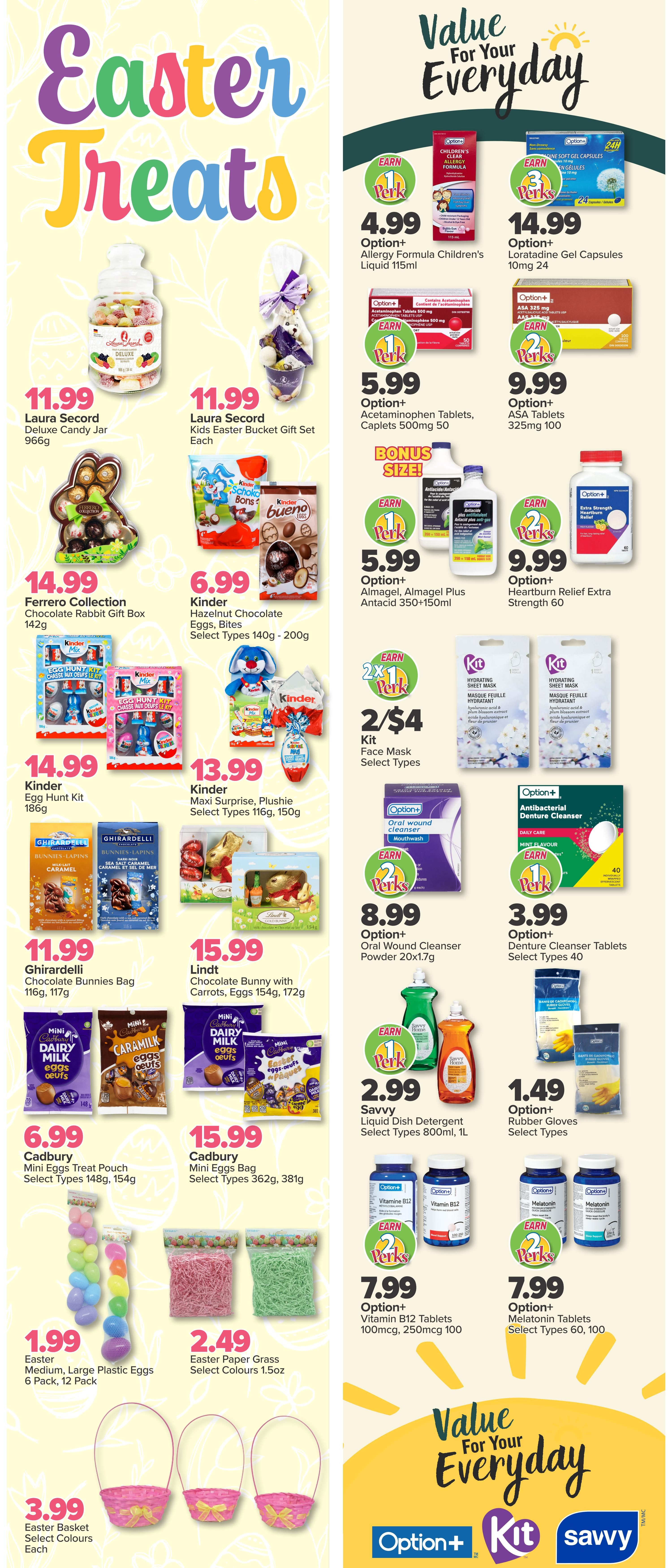 PharmaChoice Western Flyer Page 2 features Easter treats and everyday value items. On the left, find Laura Secord Deluxe Candy Jar for $11.99 and Laura Secord Kids Easter Bucket Gift Set for $11.99. Also available are Ferrero Collection Chocolate Rabbit Gift Box for $14.99, Kinder Egg Hunt Kit for $14.99, and Kinder Maxi Surprise Plushie for $13.99. Sweet treats include Kinder Hazelnut Chocolate Eggs for $6.99, Ghirardelli Chocolate Bunnies Bag for $11.99, and Lindt Chocolate Bunny with Carrots for $15.99. Cadbury Mini Eggs Treat Pouch is $6.99, and Cadbury Mini Eggs Bag is $15.99. Easter essentials include Easter Medium, Large Plastic Eggs 6 Pack for $1.99, Easter Paper Grass for $2.49, and Easter Baskets for $3.99 each. On the right, discover Option+ products: Allergy Formula Children's Liquid for $4.99, Loratadine Gel Capsules for $14.99, Acetaminophen Tablets for $5.99, ASA Tablets for $9.99, Almagel Plus Antacid for $5.99, and Heartburn Relief Extra Strength for $9.99. Kit Face Mask is 2 for $4. Option+ Oral Wound Cleanser Powder is $8.99, and Denture Cleanser Tablets are $3.99. Savvy Liquid Dish Detergent is $2.99, and Option+ Rubber Gloves are $1.49. Also featured are Option+ Vitamin B12 Tablets for $7.99 and Option+ Melatonin Tablets for $7.99.