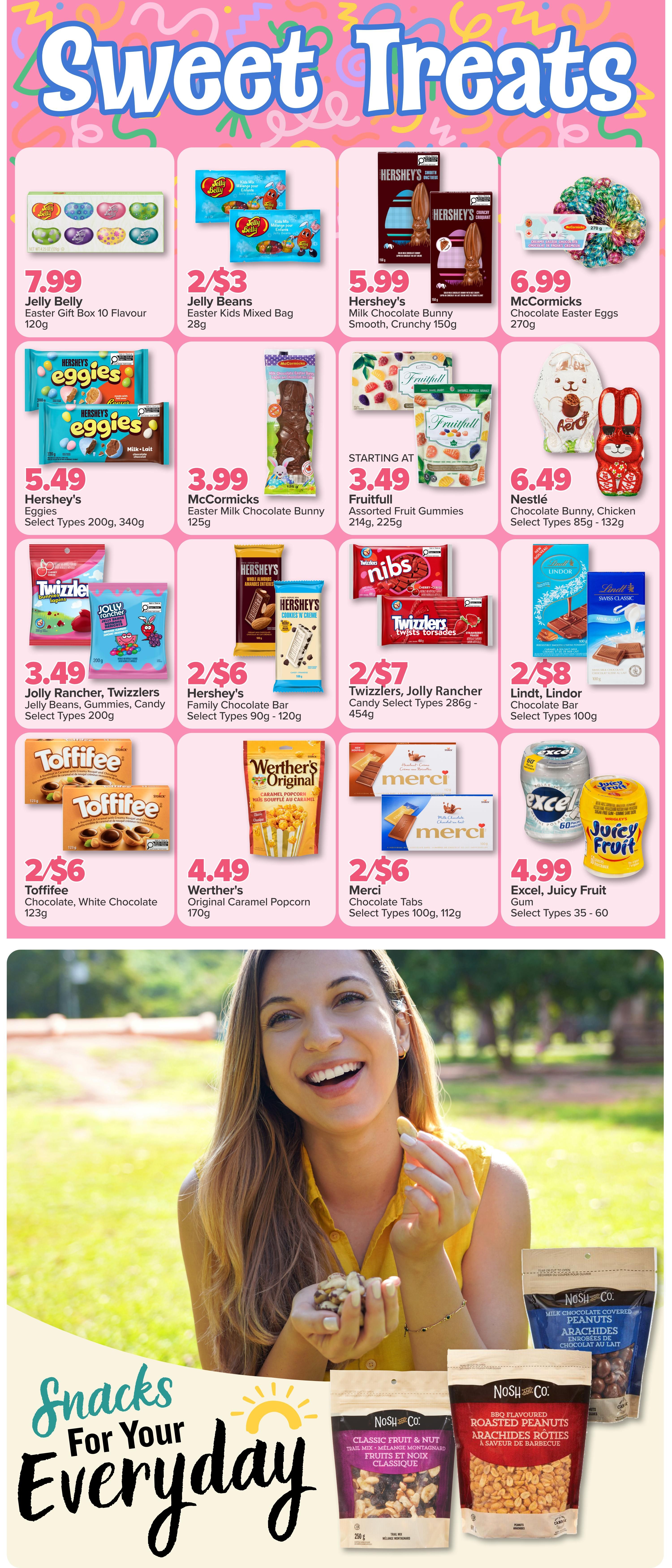 PharmaChoice Western Weekly Flyer Specials, Page 5: Sweet Treats section featuring Jelly Belly Easter Gift Box for $7.99, Jelly Beans Easter Kids Mixed Bag 2/$3, Hershey's Milk Chocolate Bunny Smooth, Crunchy for $5.99, McCormicks Chocolate Easter Eggs for $6.99. Also available are Hershey's Eggies for $5.49, McCormicks Easter Milk Chocolate Bunny for $3.99, Fruitfull Assorted Fruit Gummies starting at $3.49, and Nestlé Chocolate Bunny, Chicken for $6.49. Additional offers include Jolly Rancher, Twizzlers Jelly Beans, Gummies, Candy for $3.49, Hershey's Family Chocolate Bar for 2/$6, Twizzlers, Jolly Rancher Candy for 2/$7, and Lindt, Lindor Chocolate Bar for 2/$8. Lower section displays Toffifee Chocolate, White Chocolate for 2/$6, Werther's Original Caramel Popcorn for $4.49, Merci Chocolate Tabs for 2/$6, and Excel, Juicy Fruit Gum for $4.99. The bottom of the page highlights 'Snacks For Your Everyday' with Nosh Co. Classic Fruit & Nut Trail Mix, Milk Chocolate Covered Peanuts, and BBQ Flavoured Roasted Peanuts.