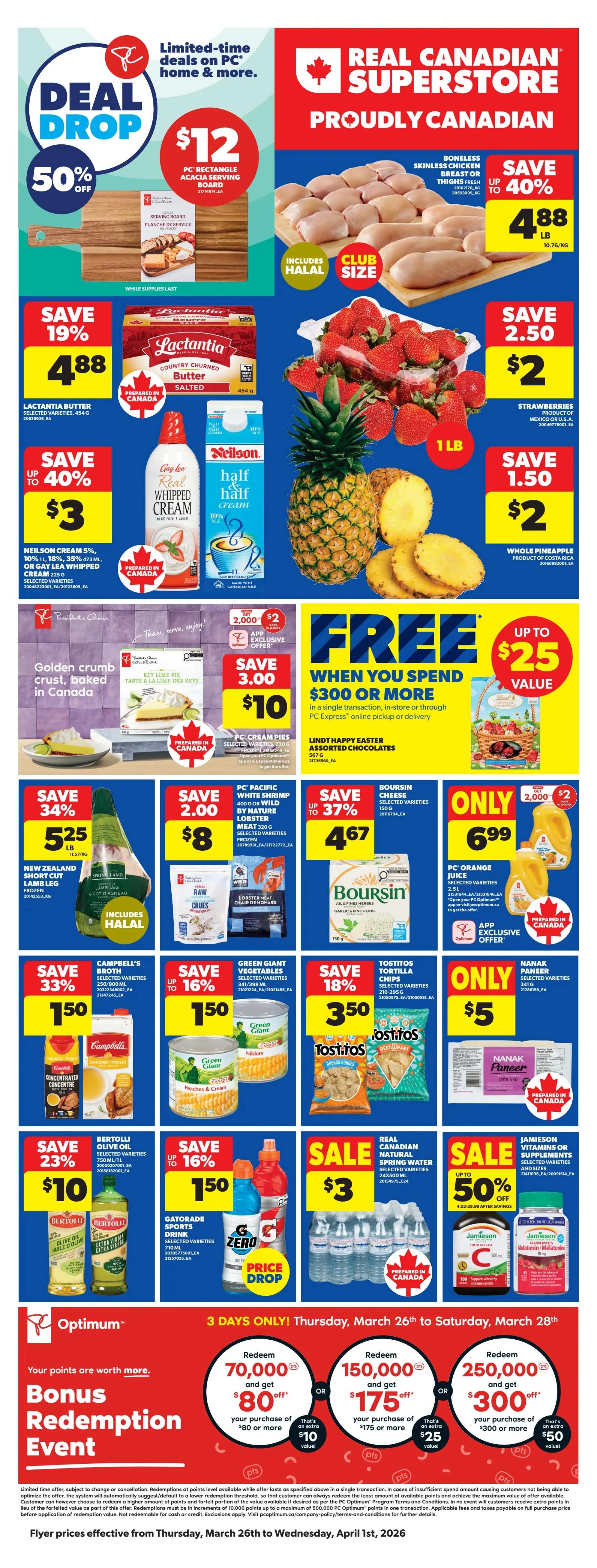 Real Canadian Superstore flyer page 1 features 'Hop Into Delicious Savings'. Offers include No Name Unbleached All-Purpose Flour and All-Purpose Flour 2.5 kg for $3, save 20%. No Name Baking Powder 450g is on sale for $4.75. No Name Pie Filling 796 mL, including 100% Pure Pumpkin and Apple varieties, is on sale for $4.50. No Name Coconut 200g or Chopped Walnuts 100g are $3. No Name Marshmallows 400g are on sale for $2.50, including miniature marshmallows.