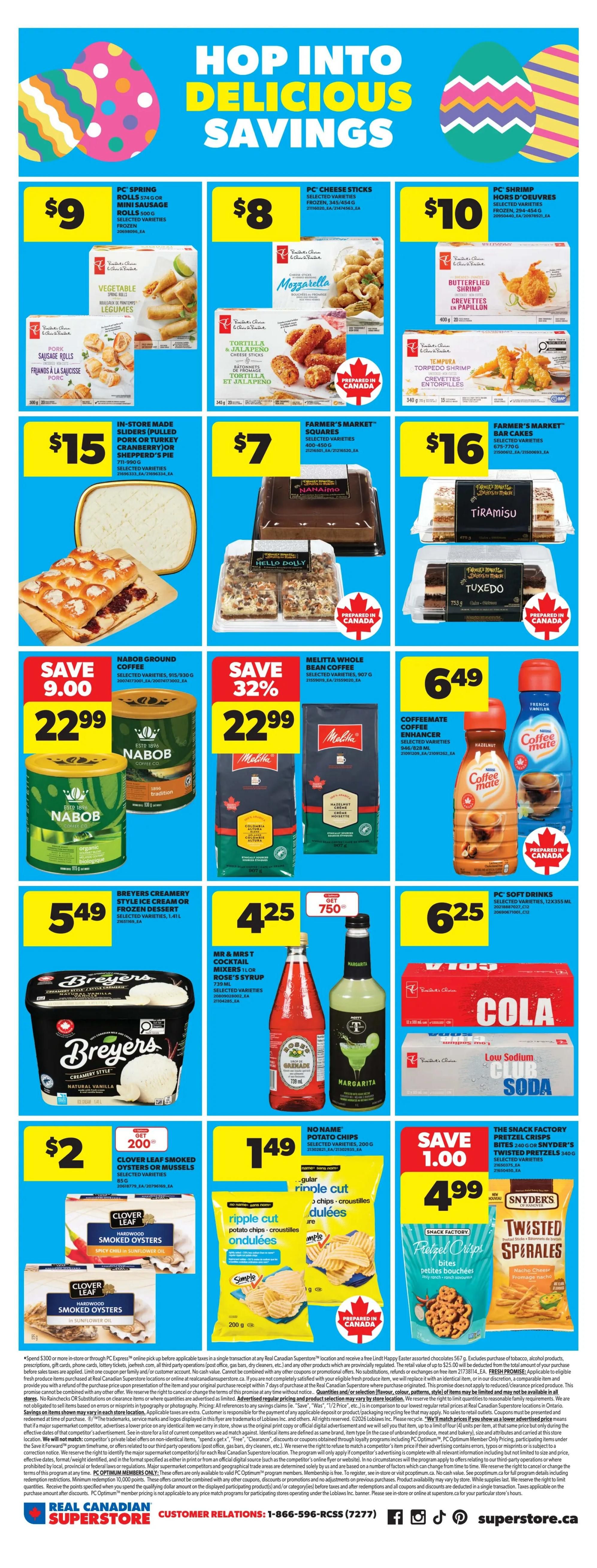 Real Canadian Superstore Ontario weekly flyer specials page 8 features 'Hop Into Delicious Savings'. Top row offers PC Spring Rolls or Mini Sausage Rolls for $9, PC Cheese Sticks for $8, and PC Shrimp Hors d'Oeuvres for $10. The second row includes In-Store Made Sliders (Pulled Pork or Turkey Cranberry or Shepperd's Pie) for $15, Farmer's Market Squares (Nanaimo or Hello Dolly) for $7, and Farmer's Market Bar Cakes (Tiramisu or Tuxedo) for $16. The third row highlights Nabob Ground Coffee for $22.99 (save $9.00), Melitta Whole Bean Coffee for $22.99 (save 32%), and Coffee Mate Coffee Enhancer for $6.49. The fourth row features Breyers Creamery Style Ice Cream or Frozen Dessert for $5.49, Mr & Mrs T Cocktail Mixers (1L) for $4.25 (get 750ml), and PC Soft Drinks (selected varieties, 12x355ml) for $6.25. The bottom row shows Clover Leaf Smoked Oysters or Mussels for $2 (get 200g), No Name Potato Chips for $1.49, and The Snack Factory Pretzel Crisps Bites or Snyder's Twisted Spirales for $4.99 (save $1.00).