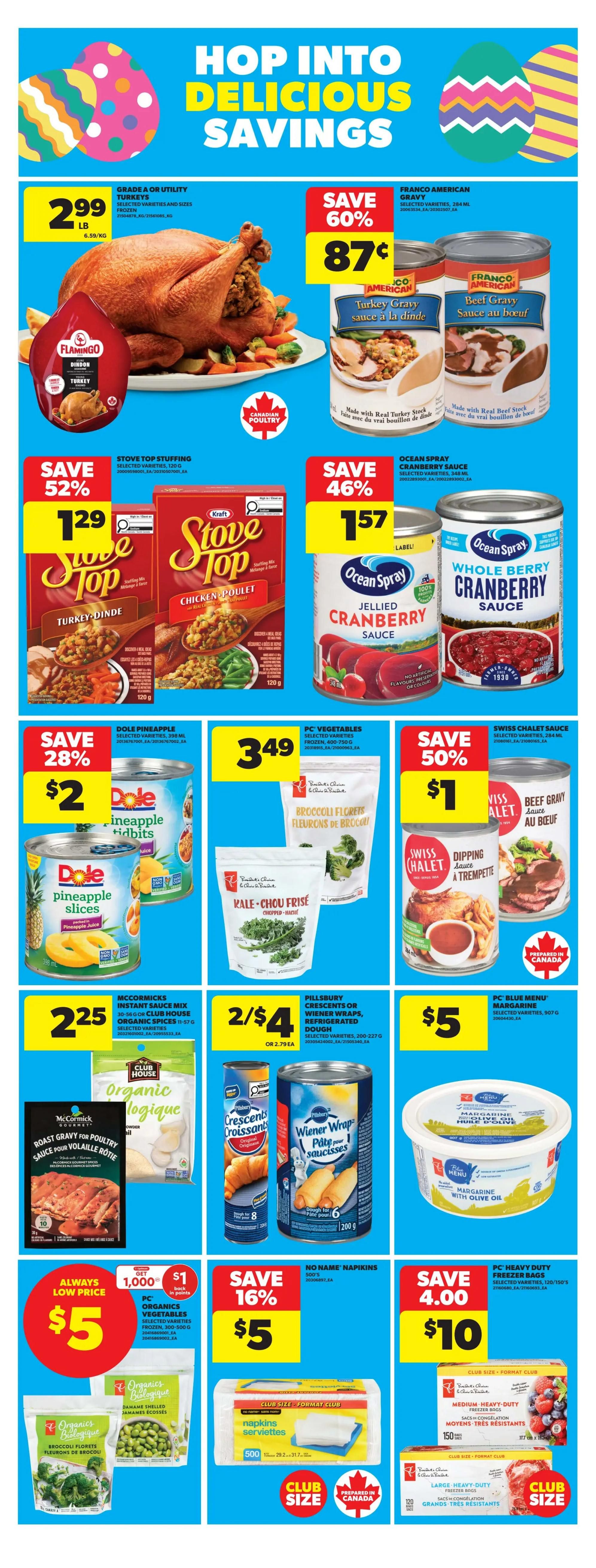 Real Canadian Superstore flyer page 11 featuring 'Hop Into Delicious Savings'. Grade A or Utility Turkeys are on sale for $2.99 per pound. Franco American Gravy and Beef Gravy are 87 cents each with a 60% saving. Kraft Stove Top Stuffing is 52% off at $1.29, and Ocean Spray Jellied or Whole Berry Cranberry Sauce is 46% off at $1.57. Dole Pineapple Slices in juice are $2 with a 28% saving. PC Vegetables, including broccoli florets and kale, are $3.49. Swiss Chalet Dipping Sauce and Beef Gravy are 50% off at $1. McCormick's Instant Sauce Mix is $2.25. Pillsbury Crescents or Wiener Wraps are 2 for $4. PC Blue Menu Margarine with Olive Oil is $5. PC Organics Vegetables, such as shelled edamame and broccoli florets, are $5 with a bonus of 1,000 points. No Name Napkins are 16% off at $5 for a club size pack. PC Heavy Duty Freezer Bags are $10 with a saving of $4.00.