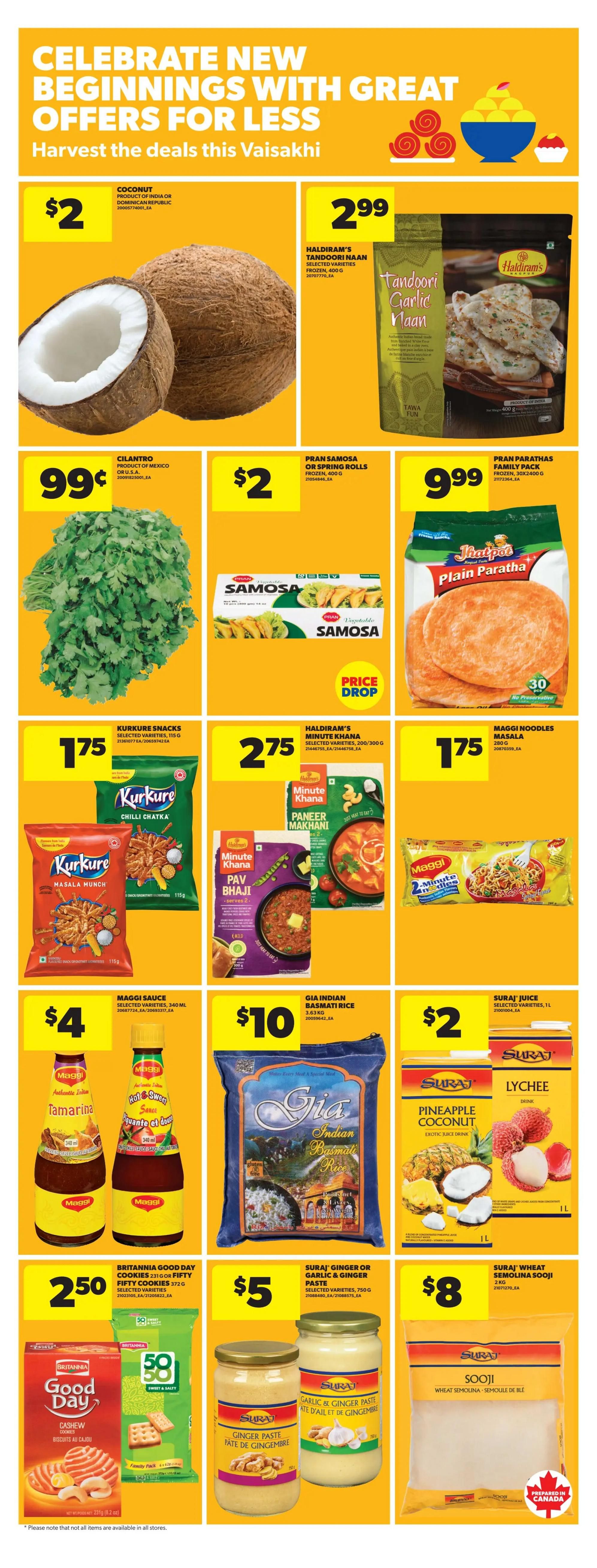 Real Canadian Superstore flyer page featuring Vaisakhi specials. Offers include coconuts for $2, Haldiram's Tandoori Garlic Naan for $2.99, and cilantro for $0.99. Also featured are Pran Samosa or Spring Rolls for $2, Pran Parathas Family Pack for $9.99, and Kurkure Snacks in selected varieties for $1.75. Minute Khana Paneer Makhani and Pav Bhaji are available for $2.75 each. Maggi Noodles are $1.75. Maggi Sauces in Tamarind and Hot & Sweet varieties are $4. Gia Indian Basmati Rice is $10. Suraj Juice in Lychee and Pineapple Coconut flavours is $2. Britannia Good Day or Fifty Fifty Cookies are $2.50. Suraj Ginger or Garlic & Ginger Paste is $5. Suraj Wheat Semolina Sooji is $8. The page highlights 'Celebrate New Beginnings with Great Offers for Less'.