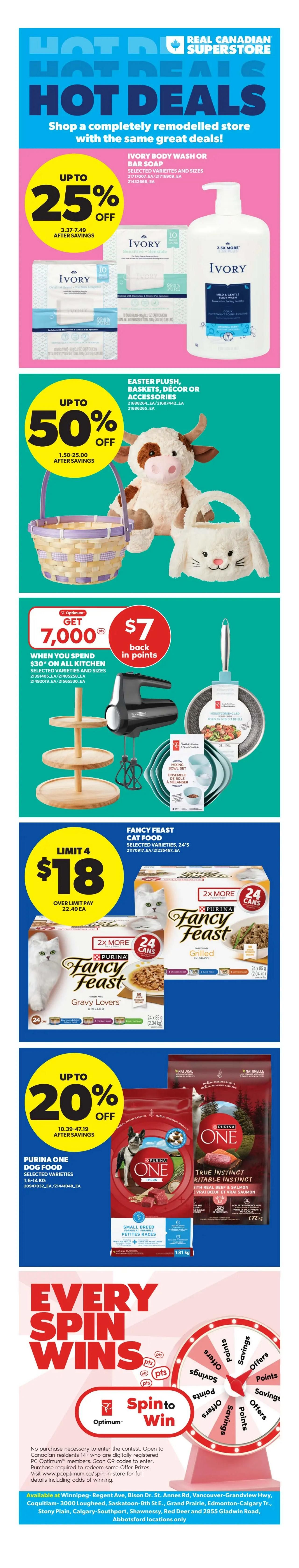 Real Canadian Superstore weekly flyer specials page 2 features 'Hop Into Delicious Savings'. Offers include No Name unbleached all-purpose flour for $3 (limit 4), with over limit price of $3.79 each. Also, No Name all-purpose flour 2.5 kg for $3 (limit 4), over limit price $3.79 each. No Name baking powder 450g is $4.50 (limit 4), over limit price $5.29 each. No Name pie filling in selected varieties, including 100% pure pumpkin 796 mL and blueberry 540 mL, are $4.49 (limit 4), over limit price $5.00 each. No Name coconut 200g or chopped walnuts 100g are on sale for $3 (limit 4). No Name jumbo marshmallows 400g are $2.50 (limit 4), over limit price $2.79 each. Finally, No Name miniature marshmallows 400g are also available.