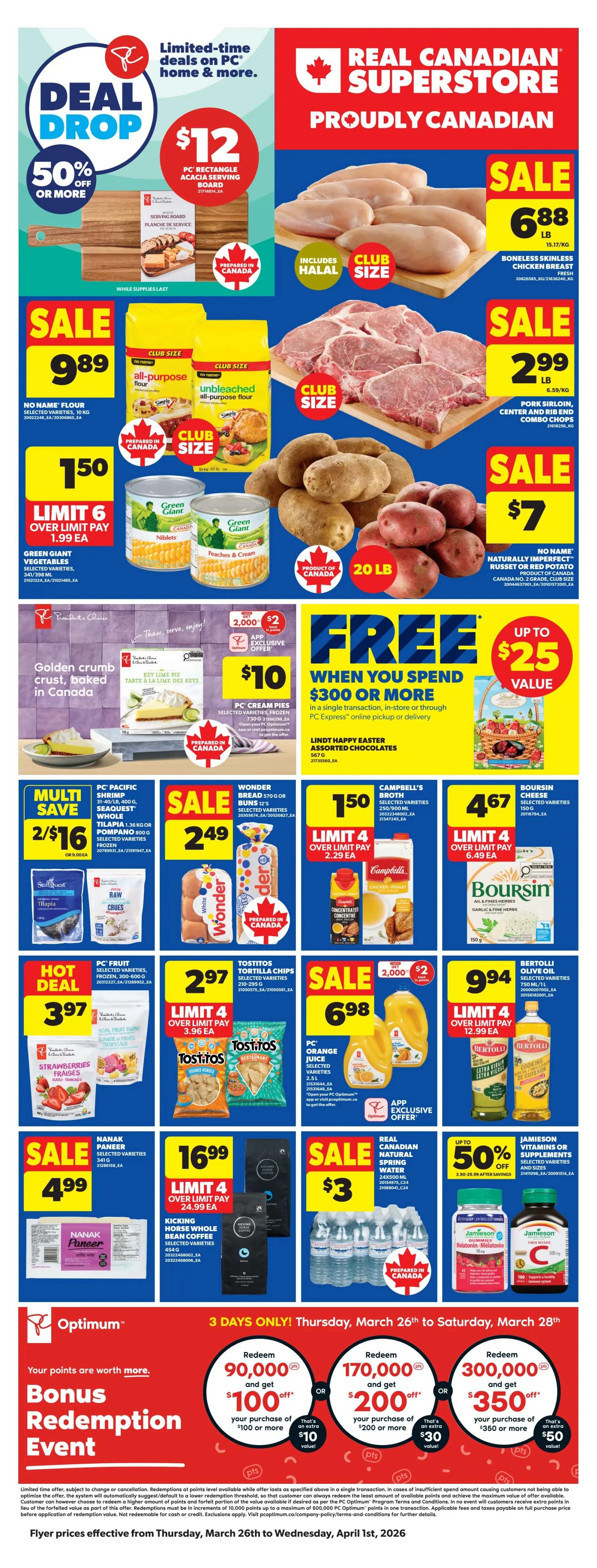 Real Canadian Superstore Hot Deals page featuring up to 25% off Ivory body wash or bar soap, with prices ranging from $3.37 to $7.49 after savings. Also, find Easter plush, baskets, décor, or accessories with up to 50% off, priced from $1.50 to $25.00. Get $7 back in points when you spend $30 on all kitchen items, including a 3-tier wooden stand, a hand mixer, and a frying pan. Fancy Feast cat food is on special, with a limit of 4, for $18, or $0.75 each, for 24-can packs. Purina ONE dog food is available with up to 20% off, with prices ranging from $10.39 to $47.19 after savings. The page also promotes an 'Every Spin Wins' contest for PC Optimum members, with details on how to enter and prize information. Store locations are listed at the bottom.