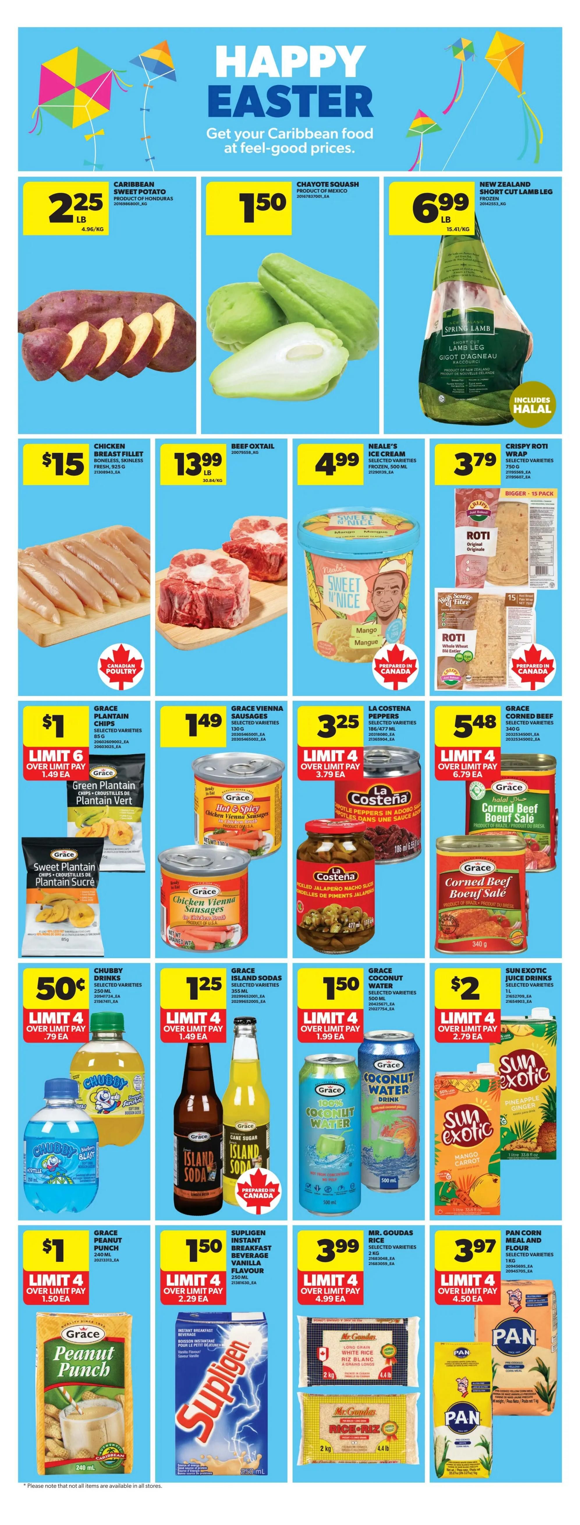 Real Canadian Superstore weekly flyer specials page 14, featuring Happy Easter Caribbean food deals. Offers include Caribbean Sweet Potato at $2.25/lb, Chayote Squash at $1.50, and New Zealand Spring Lamb Leg at $6.99/lb. Also featured are Chicken Breast Fillet at $15, Beef Oxtail at $13.99/lb, and Neale's Ice Cream (selected varieties) for $4.99. Crispy Roti Wraps are $3.79 for a 15-pack. Grace Plantain Chips are $1 with a limit of 6, and Grace Vienna Sausages are $1.49 with a limit of 4. La Costena Peppers are $3.25 with a limit of 4, and Grace Corned Beef is $5.48 with a limit of 4. Chubby Drinks are $0.50 with a limit of 4, Grace Island Sodas are $1.25 with a limit of 4, and Grace Coconut Water is $1.50 with a limit of 4. Sun Exotic Juice Drinks are $2 with a limit of 4. Grace Peanut Punch is $1 with a limit of 4, Supligen Instant Breakfast Beverage (Vanilla flavour) is $1.50 with a limit of 4, Mr. Goudas Rice (selected varieties) is $3.99 with a limit of 4, and Pan Corn Meal and Flour is $3.97 with a limit of 4.