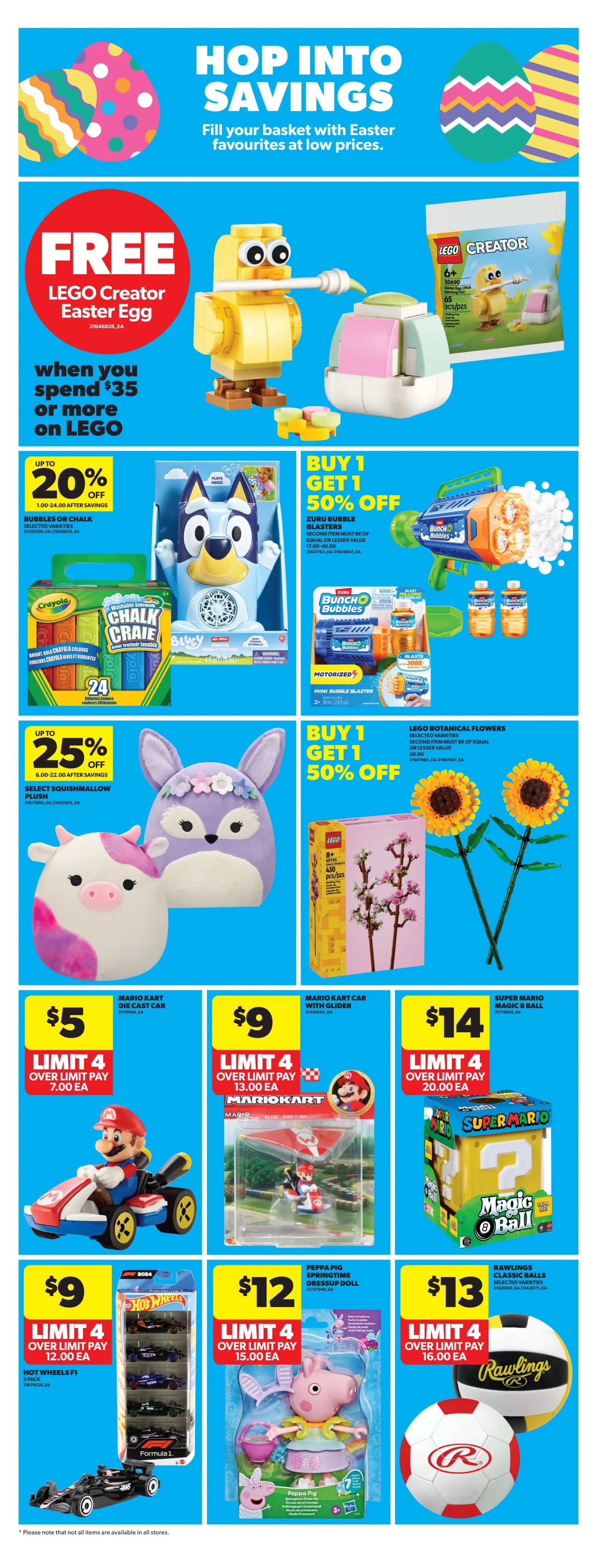 Real Canadian Superstore weekly flyer specials page 16 features 'Hop Into Savings' with Easter favourites. Get a FREE LEGO Creator Easter Egg when you spend $35 or more on LEGO. Offers include up to 20% off Bubbles or Chalk selected varieties, and Buy 1 Get 1 50% off Zuru Bubble Blasters and Bunch O' Bubbles. Also featured are up to 25% off Select Squishmallows plush toys, and Buy 1 Get 1 50% off LEGO Botanical Flowers. Featured toys and games include a LEGO Creator Easter Chick, a Bluey plush toy, a LEGO Botanical Flowers set, and two sunflower decorations. On sale are Mario Kart Die Cast Cars for $5, Mario Kart Cars with Glider for $9, and Super Mario Magic 8 Balls for $14. Additionally, Hot Wheels F1 5-Pack cars are $9, Peppa Pig Springtime Dressup Dolls are $12, and Rawlings Classic Balls are $13. Limits apply to most offers.
