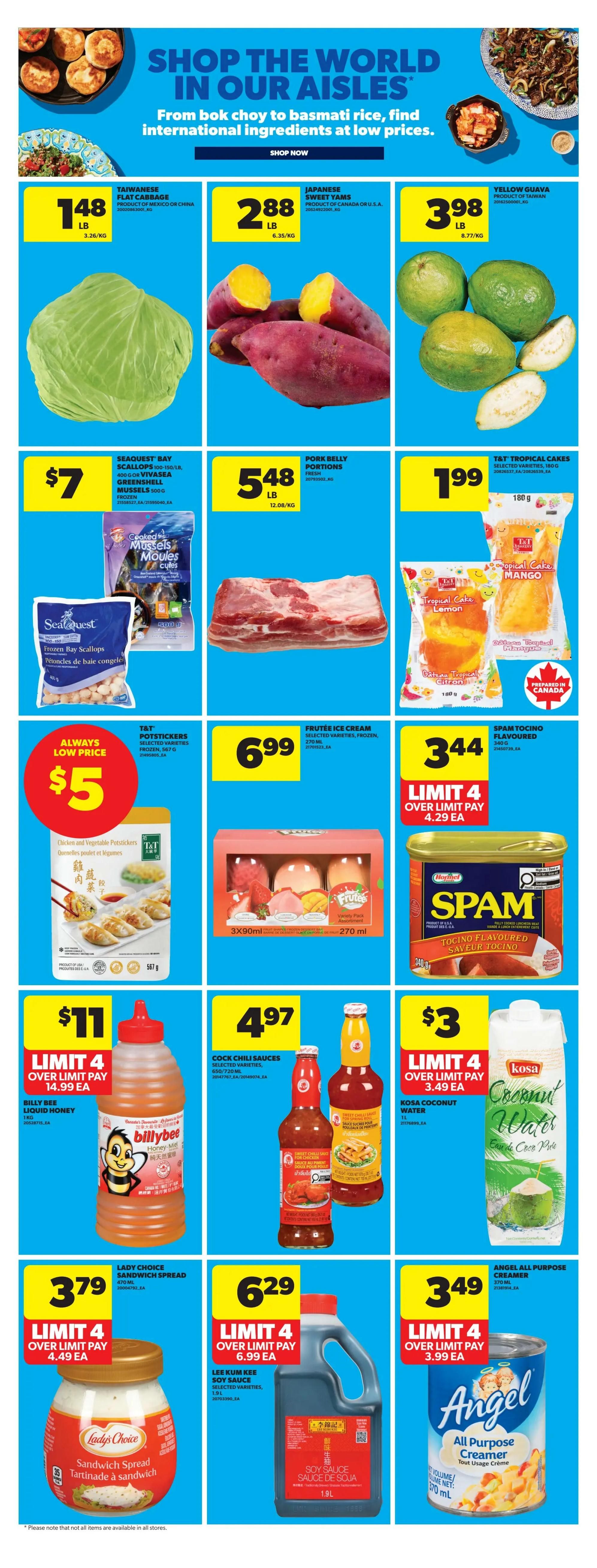 Real Canadian Superstore weekly flyer specials, page 20. Featured items include Taiwanese flat cabbage for $1.48/lb, Japanese sweet yams for $2.88/lb, and yellow guava for $3.98/lb. Also available are Seaquest Bay scallops and greenshell mussels for $7, pork belly portions for $5.48/lb, and T&T tropical cakes (mango and lemon flavours) for $1.99. T&T potstickers are an 'always low price' of $5. Frutee ice cream is $6.99. Spam tocino flavoured luncheon meat is $3.44 with a limit of 4, pay $4.29 each. Billy Bee liquid honey is $11 with a limit of 4, pay $14.99 each. Cock chili sauces are $4.97. Kosa coconut water is $3 with a limit of 4, pay $3.49 each. Lady Choice sandwich spread is $3.79 with a limit of 4, pay $4.49 each. Lee Kum Kee soy sauce is $6.29 with a limit of 4, pay $6.99 each. Angel all purpose creamer is $3.49 with a limit of 4, pay $3.99 each.