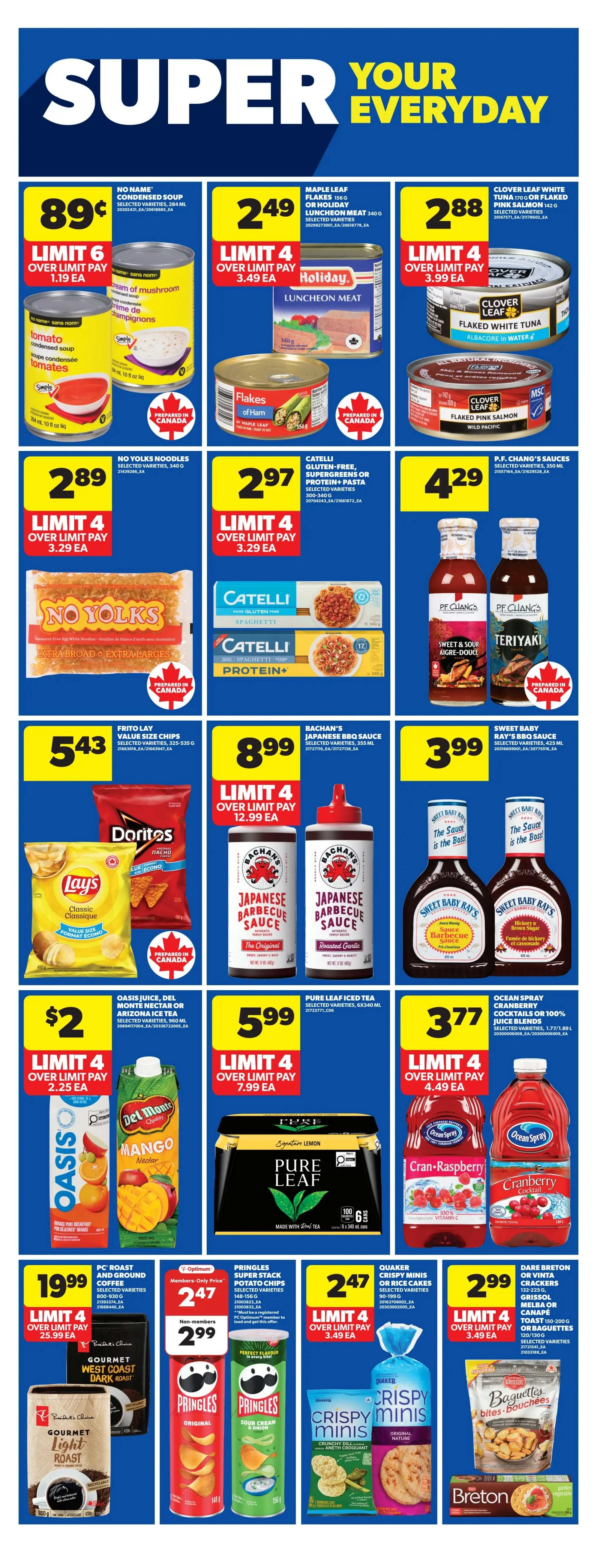 Real Canadian Superstore weekly flyer specials page 24 features a variety of grocery items. Highlighted products include No Name Condensed Soup for 89 cents, Maple Leaf Flakes and Luncheon Meat for $2.49, and Clover Leaf White Tuna for $2.88. Also featured are No Yolks Noodles for $2.89, Catelli Gluten-Free Pasta for $2.97, and P.F. Chang's Sauces for $4.29. Snack options include Doritos and Lay's Value Size Chips for $5.43, Bachan's Japanese Barbecue Sauce for $8.99, and Sweet Baby Ray's Barbecue Sauce for $3.99. Beverages on sale are Oasis Juice and Del Monte Nectar for $2, and Pure Leaf Iced Tea for $5.99. Ocean Spray Cranberry Juice Cocktail is available for $3.77. Coffee lovers can find PC Roast and Ground Coffee for $19.99. Pringles Super Stack Potato Chips are on sale for $2.47, with a non-member price of $2.99. Quaker Crispy Minis or Rice Cakes are $2.47. Dare Breton Crackers, Grissol Melba or Canape Toast are $2.99. Finally, a selection of PC Gourmet Dark Roast and Light Roast coffee is also shown.