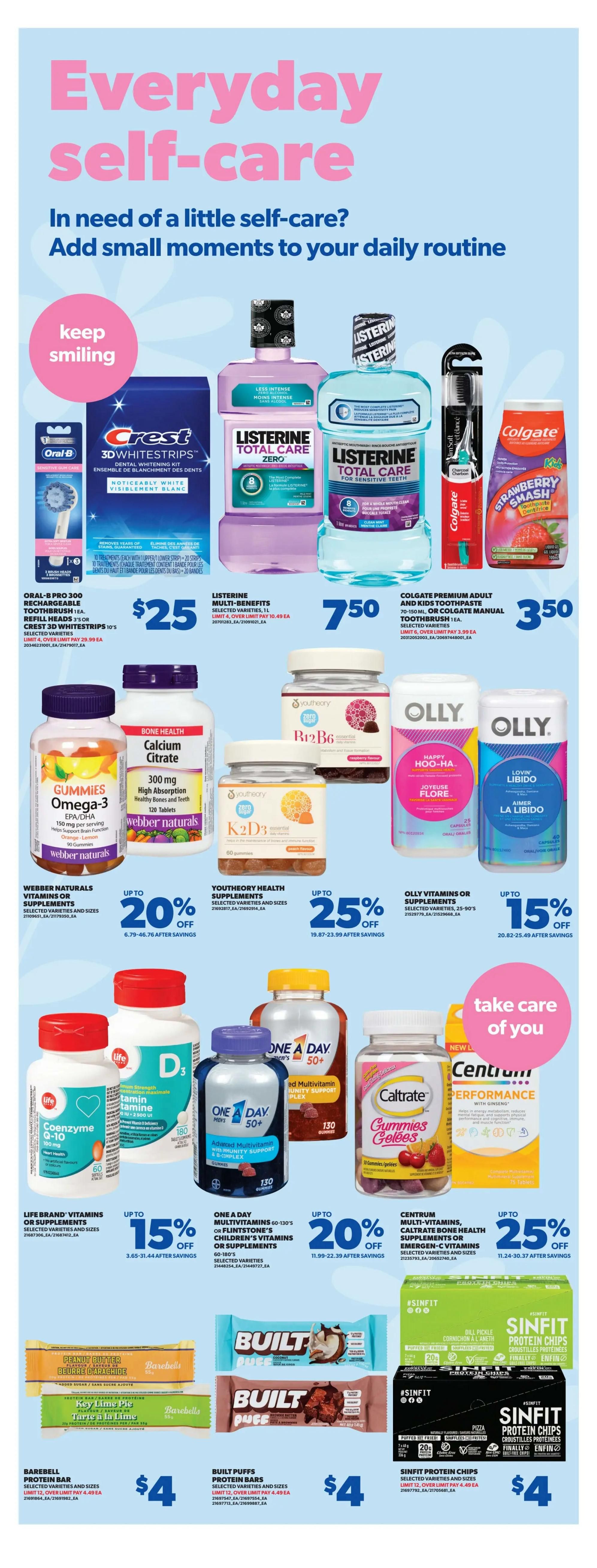 Real Canadian Superstore weekly flyer specials, page 31, featuring 'Everyday self-care' products. Offers include Crest 3D Whitestrips for $25, Oral-B Pro 300 Rechargeable Toothbrush with refill heads, and Listerine Total Care or Zero Mouthwash for $7.50. Also featured are Colgate Premium Adult and Kids Toothpaste or Manual Toothbrush for $3.50. Various vitamins and supplements are on sale, including Webber Naturals Omega-3, Calcium Citrate, and K2D3 with up to 20% off. Youtheory Health Supplements and Olly Vitamins or Supplements are up to 25% and 15% off respectively. Life Brand Vitamins or Supplements, One A Day Multivitamins, and Flintstone's Children's Vitamins or Supplements are up to 15% and 20% off. Centrum, Caltrate, and Emergen-C Bone Health supplements are up to 25% off. Finally, Barebell Protein Bars and Built Puffs Protein Bars are $4 each, and Sinfit Protein Chips are also $4.