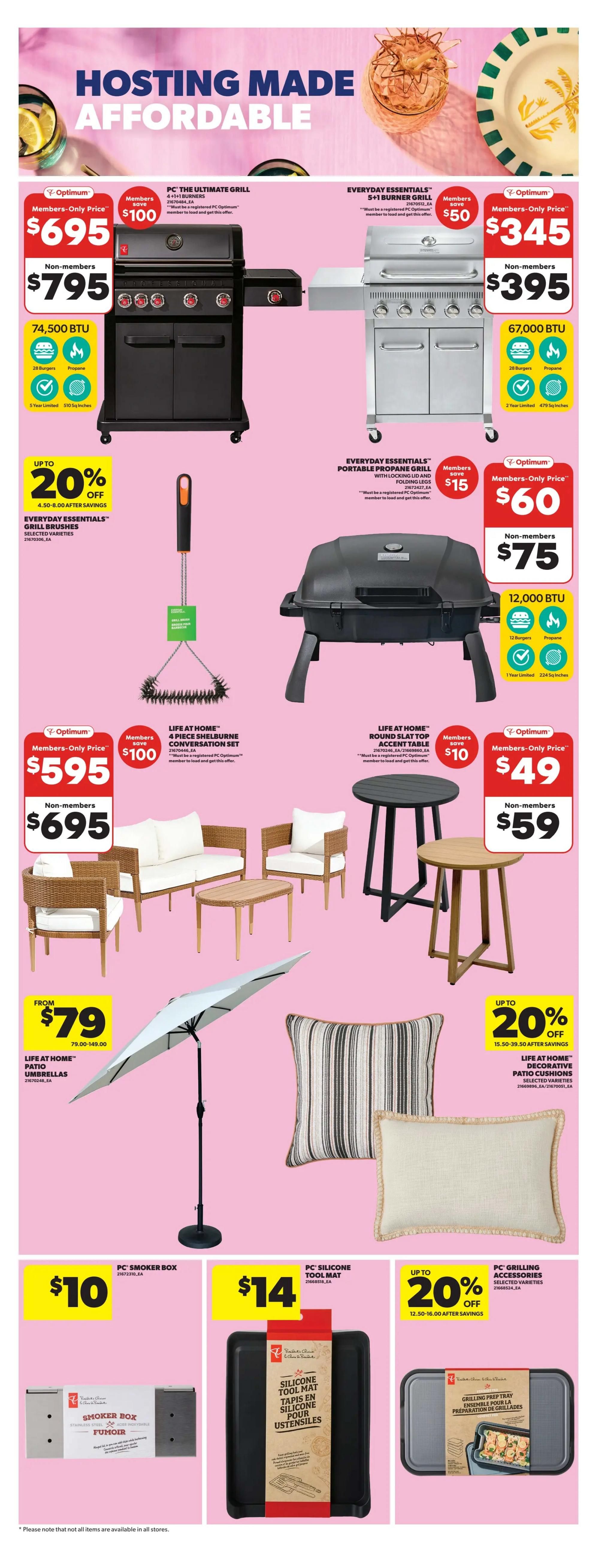 Real Canadian Superstore weekly flyer specials page 34 features hosting and grilling items. Highlighted are the PC The Ultimate Grill for $695 (members-only) or $795 (non-members), with a $100 member savings. The Everyday Essentials 5+1 Burner Grill is $345 (members-only) or $395 (non-members), saving members $50. The Everyday Essentials Portable Propane Grill is $60 (members-only) or $75 (non-members), with $15 member savings. Also available are Everyday Essentials Grill Brushes at up to 20% off. Outdoor furniture includes the Life at Home 4 Piece Shelburne Conversation Set for $595 (members-only) or $695 (non-members), saving members $100. A Life at Home Round Slat Top Accent Table is $49 (members-only) or $59 (non-members), saving members $10. Life at Home Patio Umbrellas are available from $79. Decorative patio cushions are up to 20% off. Additional grilling accessories include the PC Smoker Box for $10 and the PC Silicone Tool Mat for $14. PC Grilling Accessories, including a Grilling Prep Tray, are up to 20% off.