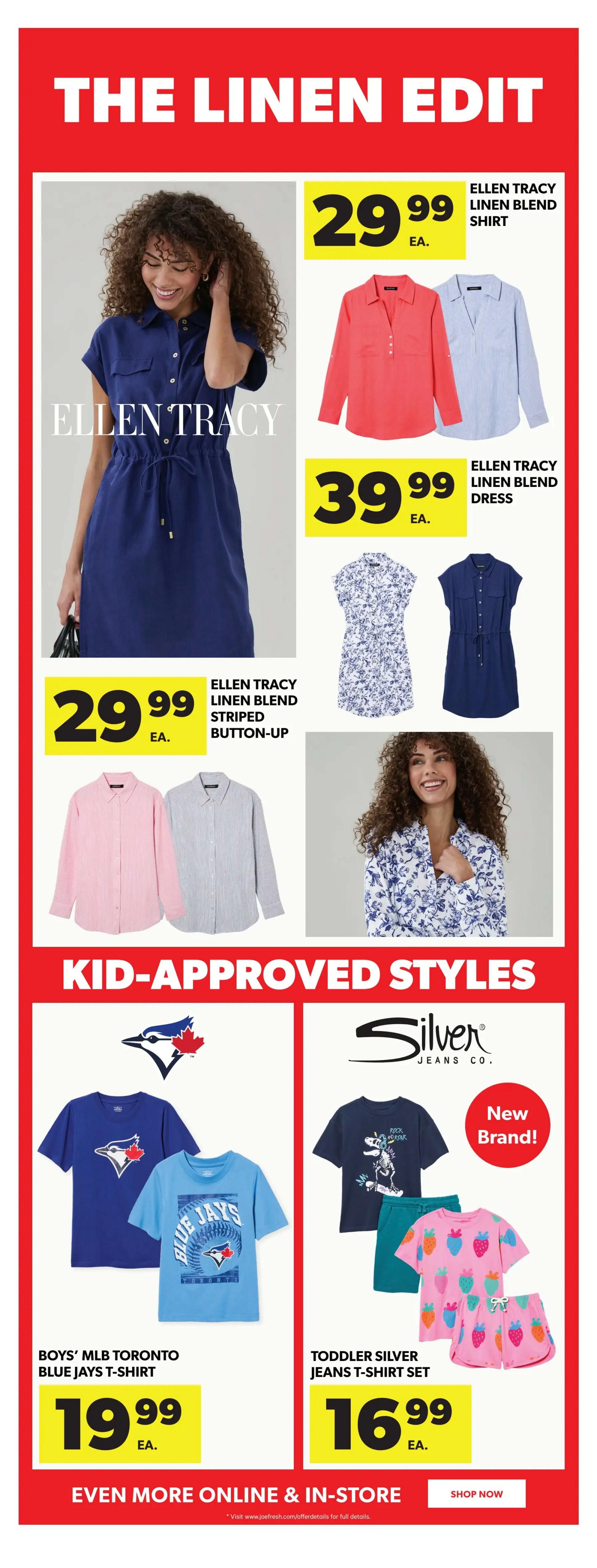 Real Canadian Superstore flyer page 38, featuring 'The Linen Edit' with Ellen Tracy linen blend shirts for $29.99 each, and an Ellen Tracy linen blend dress for $39.99. Also shown are Ellen Tracy linen blend striped button-up shirts for $29.99 each. The page also highlights 'Kid-Approved Styles' including Boys' MLB Toronto Blue Jays T-shirts for $19.99 each, and Toddler Silver Jeans T-shirt sets for $16.99 each. A 'New Brand!' tag is visible for Silver Jeans Co. The bottom of the page encourages shoppers to find 'Even More Online & In-Store' with a 'Shop Now' button.