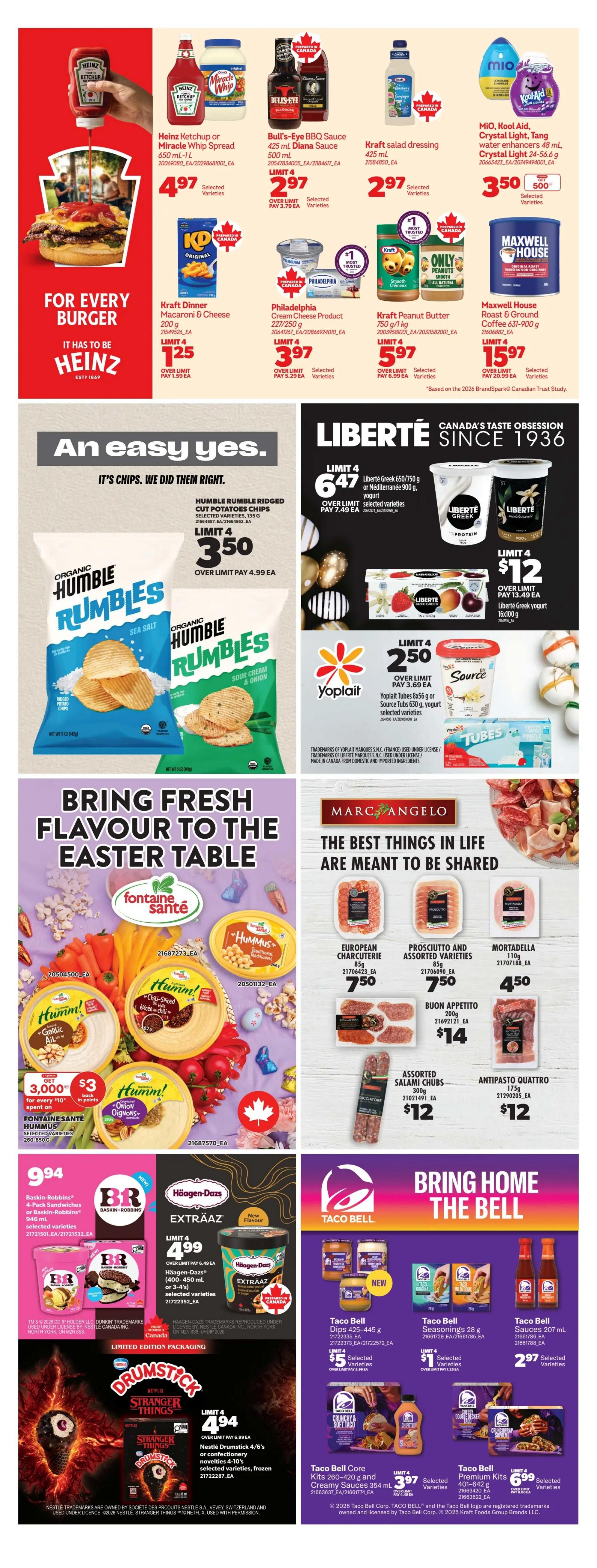 Real Canadian Superstore weekly flyer specials page 39 features a variety of food items. Top section includes Heinz Ketchup or Miracle Whip Spread for $4.97, Bull's-Eye BBQ Sauce for $2.97, Kraft Salad Dressing for $2.97, and MIO, Kool-Aid, Tang water enhancers for $3.50. Also featured are Kraft Dinner Macaroni & Cheese for $1.25, Philadelphia Cream Cheese Product for $3.97, Kraft Peanut Butter for $5.97, and Maxwell House Roast & Ground Coffee for $15.97. The middle section highlights Humble Rumbled Ridged Cut Potatoes Chips for $3.50 and Liberté Greek or Méditerrannée yogurt for $6.47 for 4, and Liberté Greek yogurt 16x100g for $12 for 4. Yoplait or Source yogurt is $2.50 for 4. The bottom section showcases Fontaine Santé Hummus selected varieties for $3,000 points when you spend $10. Marc Angelo features European Charcuterie for $7.50, Prosciutto and Assorted Varieties for $7.50, Mortadella for $4.50, Buon Appetito for $14, Assorted Salami Chubs for $12, and Antipasto Quattro for $12. Baskin-Robbins 4-Pack Sandwiches are $9.94. Häagen-Dazs Extraaz ice cream is $4.99 for 4. Nestle Drumstick 4/6's or confectioneries are $4.94. Taco Bell Dips are $5 for 4, Taco Bell Seasonings are $1 for 4, Taco Bell Sauces are $2.97, Taco Bell Core Kits are $3.97, and Taco Bell Premium Kits are $6.99.