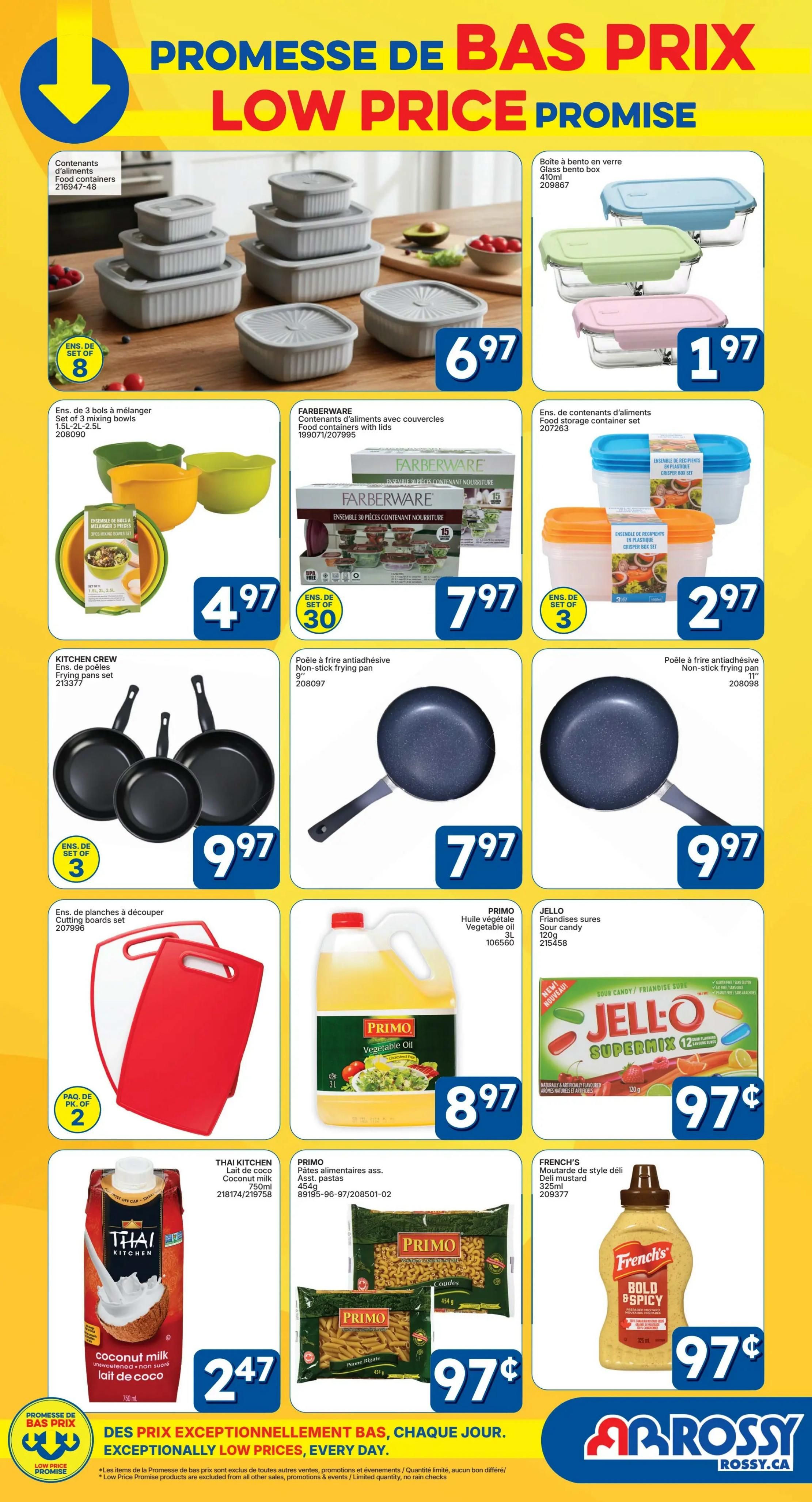 Rossy Low Price Promise flyer, page 5. Featured items include an 8-piece set of grey food containers for $6.97, a 3-piece set of mixing bowls (1.5L-3L) for $4.97, and a 30-piece Farberware food container set with lids for $7.97. Also available are glass bento boxes for $1.97 and a 3-piece set of plastic food storage containers for $2.97. Kitchen Crew 3-piece frying pan sets are $9.97. A 9-inch non-stick frying pan is $7.97, and an 11-inch non-stick frying pan is $9.97. A 2-piece set of red cutting boards is featured. Primo Vegetable Oil, 3L, is $8.97. Jell-O Supermix Sour Candy is $0.97. Thai Kitchen Coconut Milk (750ml) is $2.47. Primo Assorted Pasta (454g) is $0.97. French's Bold & Spicy Deli Mustard (325ml) is $0.97. The flyer highlights 'Exceptionally low prices, every day.