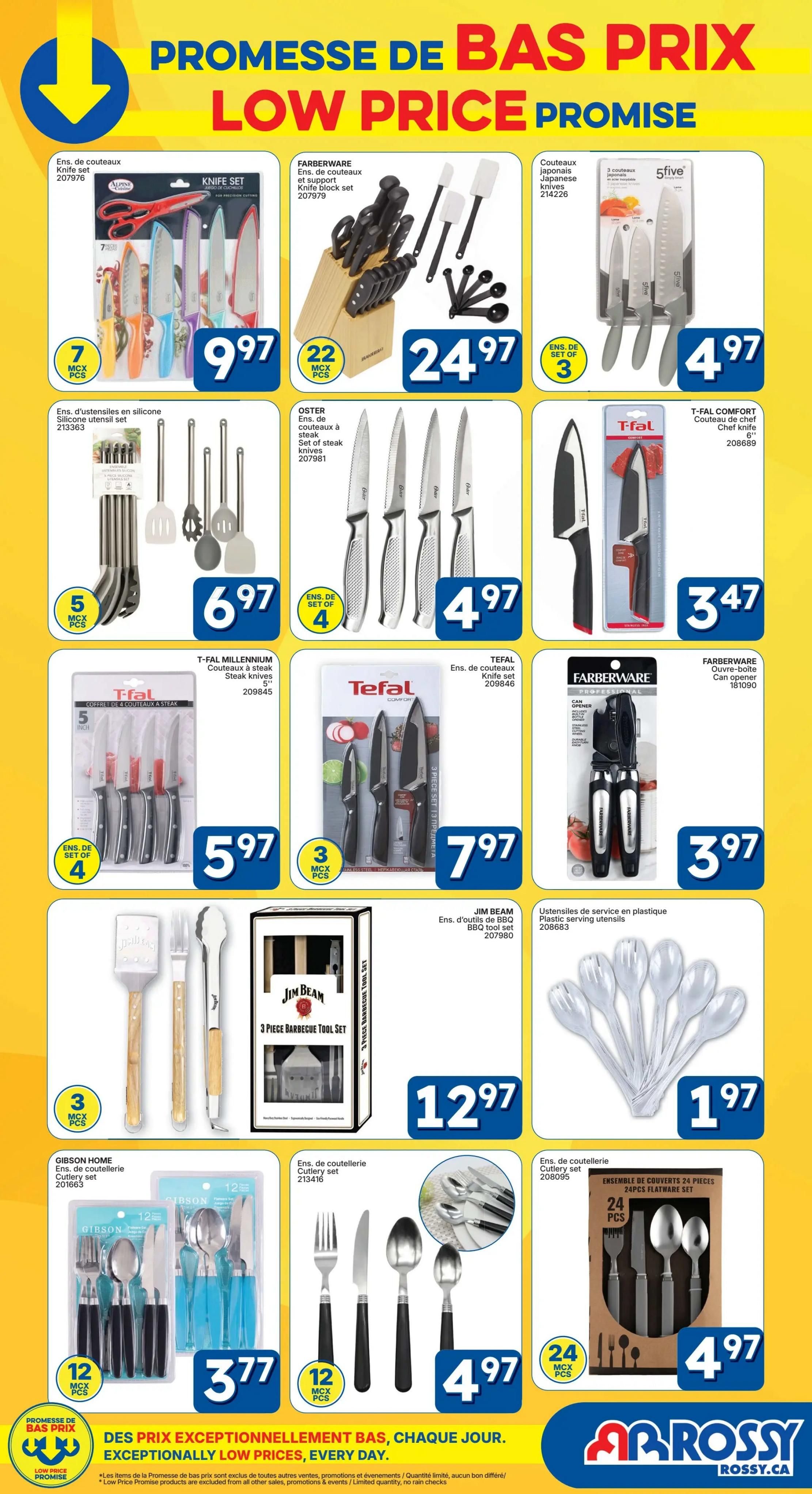 Rossy flyer page 6 features a variety of kitchenware and cutlery sets. Top row includes a 7-piece knife set for $9.97, a 22-piece Farberware knife and block set for $24.97, and a 3-piece 5ive Japanese knife set for $4.97. Middle row showcases a 5-piece silicone utensil set for $6.97, a 4-piece Oster steak knife set for $4.97, a T-Fal Comfort 3-piece chef knife set for $3.47, and a 4-piece T-Fal Millennium steak knife set for $5.97. Bottom row displays a 3-piece Tefal knife set for $7.97, a 3-piece Jim Beam BBQ tool set for $12.97, a pack of plastic serving utensils for $1.97, a 12-piece Gibson Home cutlery set for $3.77, a 12-piece cutlery set for $4.97, and a 24-piece flatware set for $4.97. The flyer emphasizes 'Low Price Promise' and 'Exceptionally Low Prices, Every Day'.