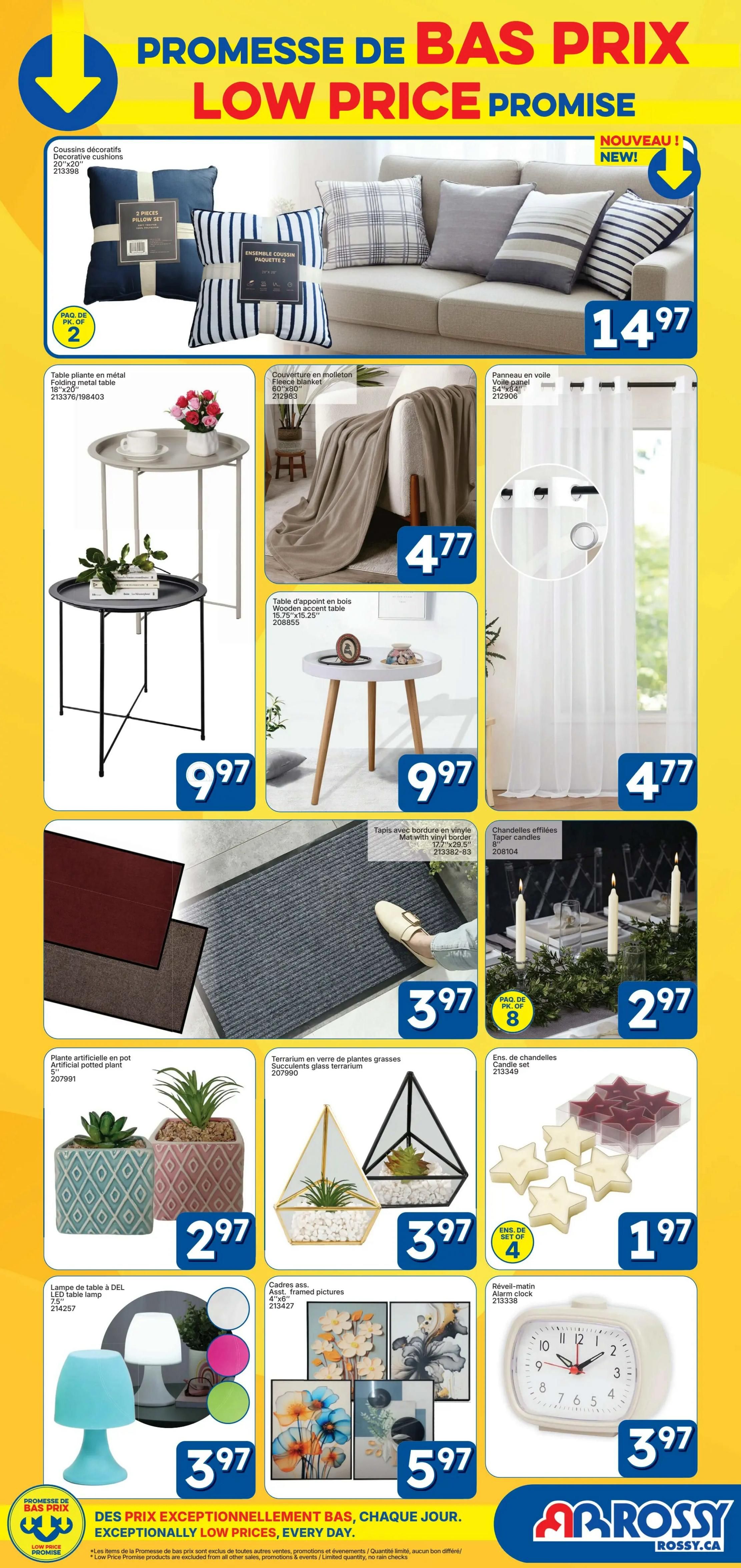 Rossy Low Price Promise flyer, Page 8. Features decorative cushions for $14.97, a folding metal table for $9.97, a wooden accent table for $9.97, a fleece blanket for $4.77, and sheer voile curtain panels for $4.77. Also available are a vinyl mat with border for $3.97, taper candles for $2.97 (pack of 8), artificial potted plants for $2.97, glass terrariums with succulents for $3.97, star-shaped tealight candles for $1.97 (pack of 4), an LED table lamp for $3.97, framed picture sets for $5.97, and an alarm clock for $3.97. The flyer highlights 'Exceptionally Low Prices, Every Day.