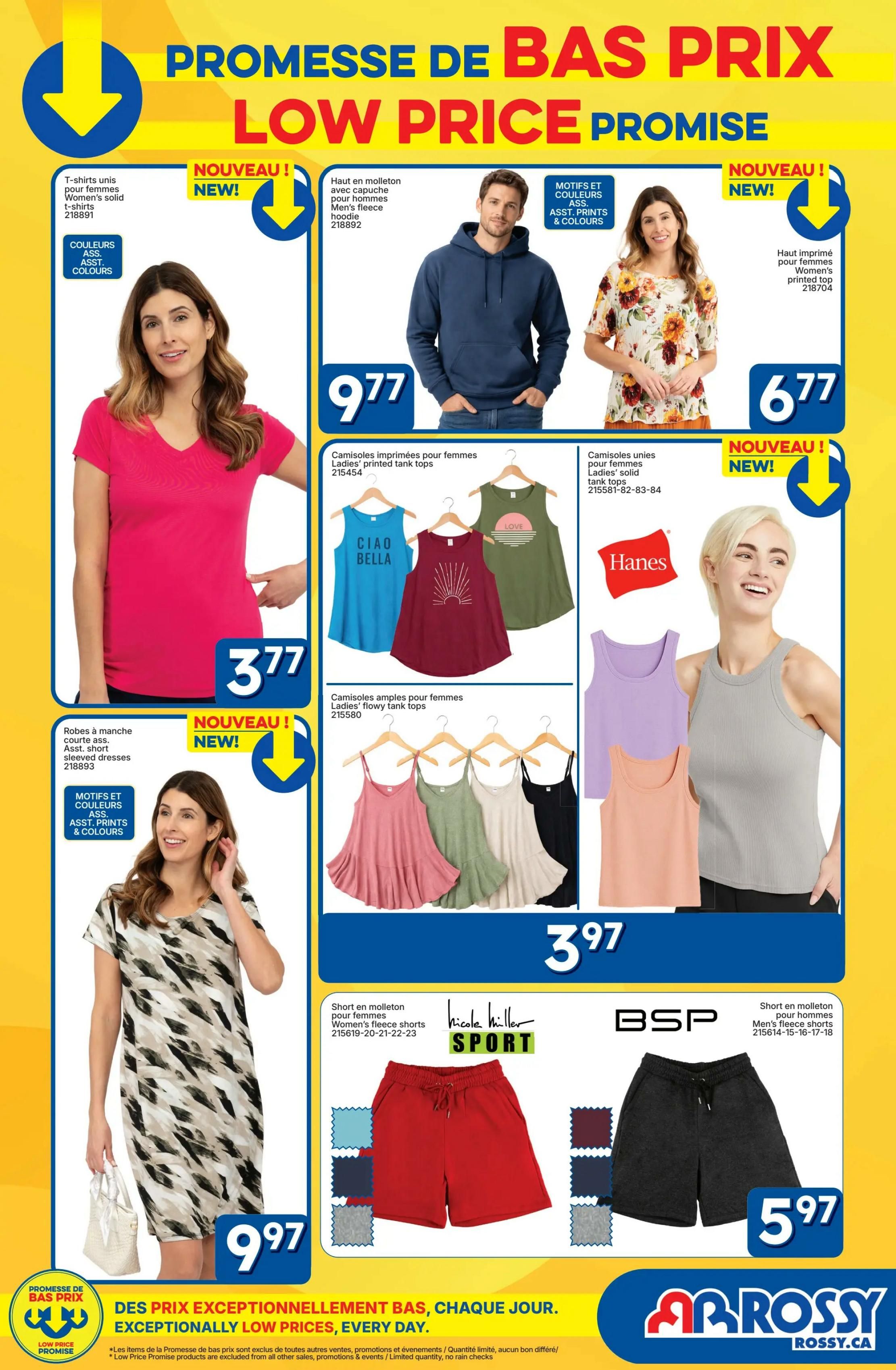 Rossy Low Price Promise flyer, page 9. Features a bright pink V-neck t-shirt for women on the left, priced at $3.77. To the right, a men's fleece hoodie in navy blue is advertised for $9.77. Next to it, a women's floral print top is available for $6.77. Below the women's t-shirt, a patterned short-sleeved dress is shown for $9.97. The middle section showcases various tops: women's printed tank tops for $3.77, and solid colour tank tops for $3.97, including Hanes brand. The bottom section displays women's fleece shorts for $3.97 and men's fleece shorts for $5.97. The flyer highlights 'Nouveau!' (New!) items and 'Exceptionally Low Prices, Every Day.