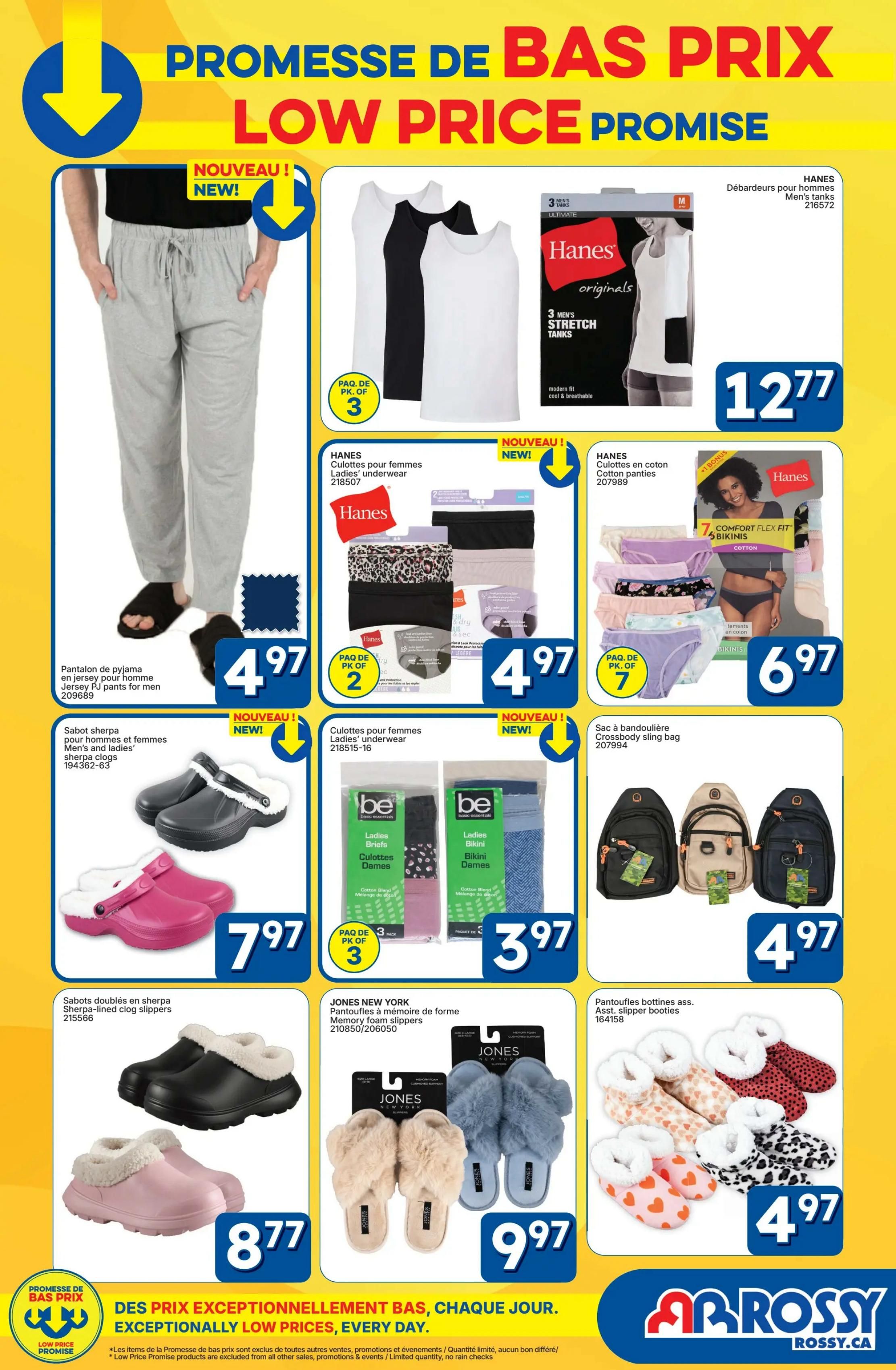 Rossy Low Price Promise flyer, Page 10. Featured items include Hanes men's 3-pack stretch tanks for $12.77. New arrivals include Hanes ladies' underwear for $4.97, and Hanes cotton panties (7-pack bikinis) for $6.97. Also available are men's jersey PJ pants for $4.97, sherpa-lined clog slippers for men and ladies for $7.97, Jones New York memory foam slippers for $9.97, and assorted slipper booties for $4.97. The flyer highlights 'Exceptionally Low Prices, Every Day.