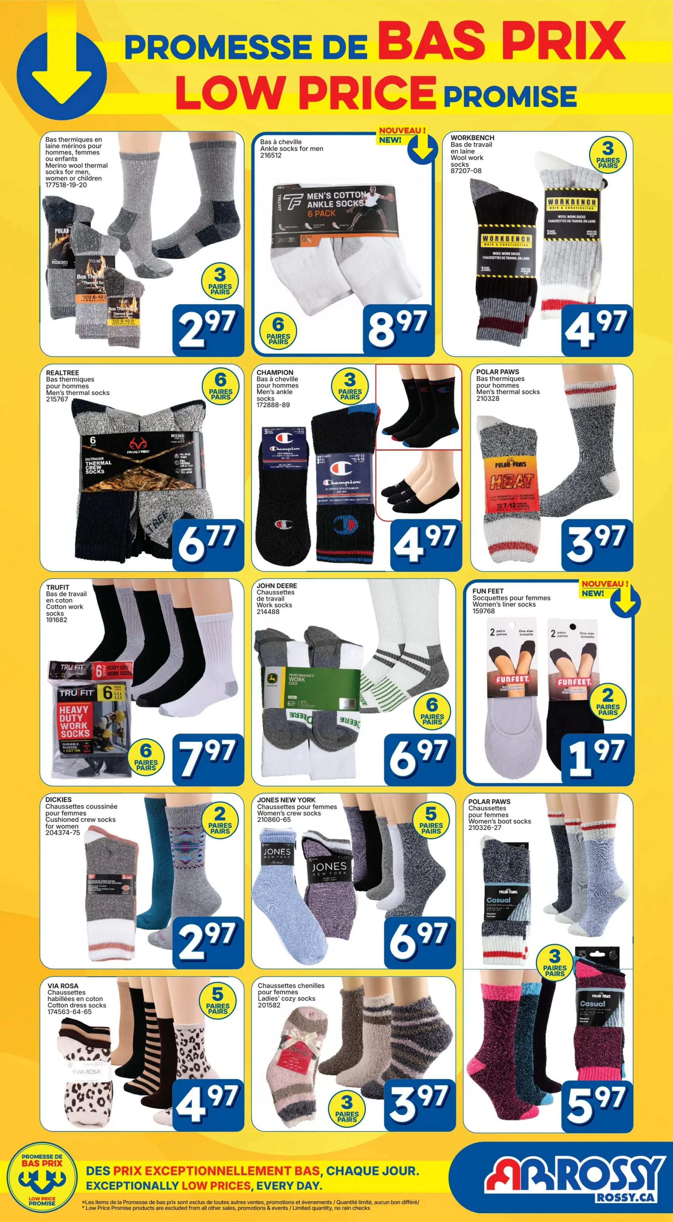 Rossy flyer page 11 featuring a 'Low Price Promise' with various socks for men and women. Offers include Merino wool thermal socks for men, women, or children at $2.97 for 3 pairs. Men's cotton ankle socks (6-pack) are $8.97. Work bench socks (3 pairs) are $4.97. Realtree men's thermal socks (6 pairs) are $6.77. Champion men's ankle socks (3 pairs) are $4.97. Polar Paws men's thermal socks (3 pairs) are $3.97. TruFit cotton work socks (6 pairs) are $7.97. John Deere work socks (6 pairs) are $6.97. Fun Feet women's liner socks (2 pairs) are $1.97. Dickies cushioned crew socks for women (2 pairs) are $2.97. Jones New York women's crew socks (5 pairs) are $6.97. Via Rosa cotton dress socks (5 pairs) are $4.97. Ladies' cozy socks (3 pairs) are $3.97. Polar Paws women's boot socks (3 pairs) are $5.97. The flyer emphasizes exceptionally low prices every day.