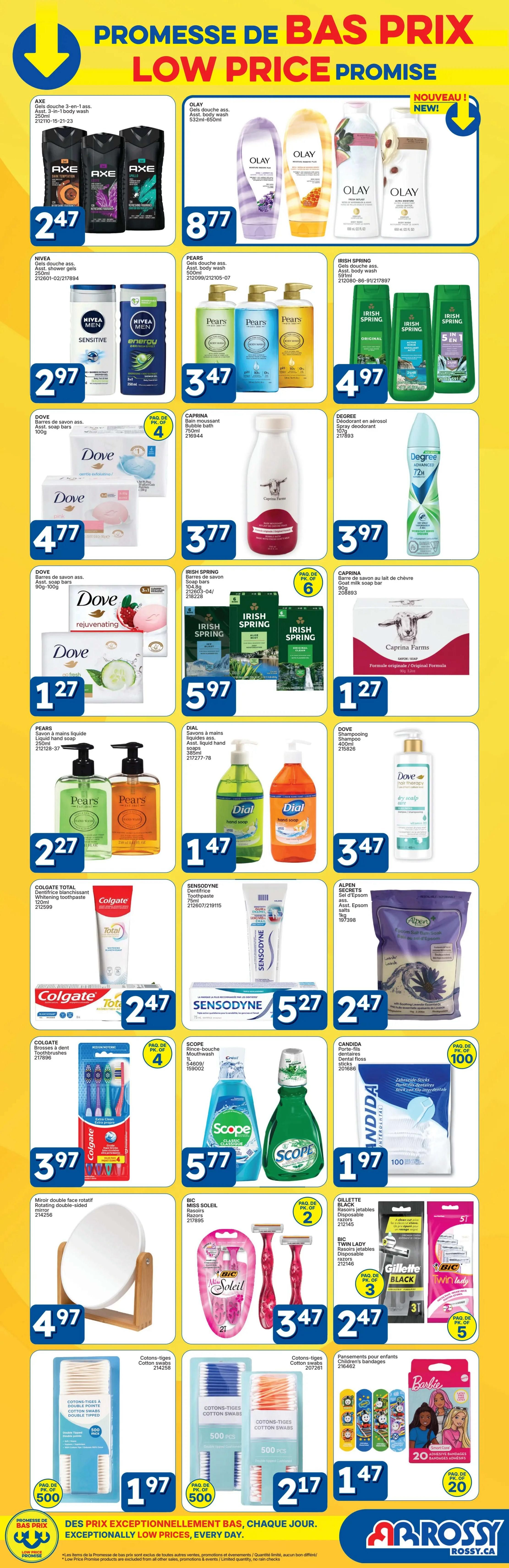 Rossy flyer page 12 featuring a Low Price Promise. Products include Axe 3-in-1 body wash for $2.47, Nivea shower gels for $2.97, Dove soap bars for $4.77 and $1.27, Pears liquid hand soap for $2.27, Irish Spring soap bars for $3.47 and $5.97, Caprina bubble bath for $3.77, Caprina Farms goat milk soap bar for $1.27, Degree spray deodorant for $3.97, Dial liquid hand soap for $1.47, Dove shampoo for $3.47, Colgate Total toothpaste for $2.47, Sensodyne toothpaste for $5.27, Scope mouthwash for $5.77, Candida dental floss picks for $1.97, Bic Miss Soleil razors for $3.47, Gillette Black disposable razors for $2.47, Twin Lady disposable razors for $2.47, cotton swabs for $1.97 and $2.17, children's adhesive bandages for $1.47, and a rotating double-sided mirror for $4.97. The flyer emphasizes 'Exceptionally Low Prices, Every Day.
