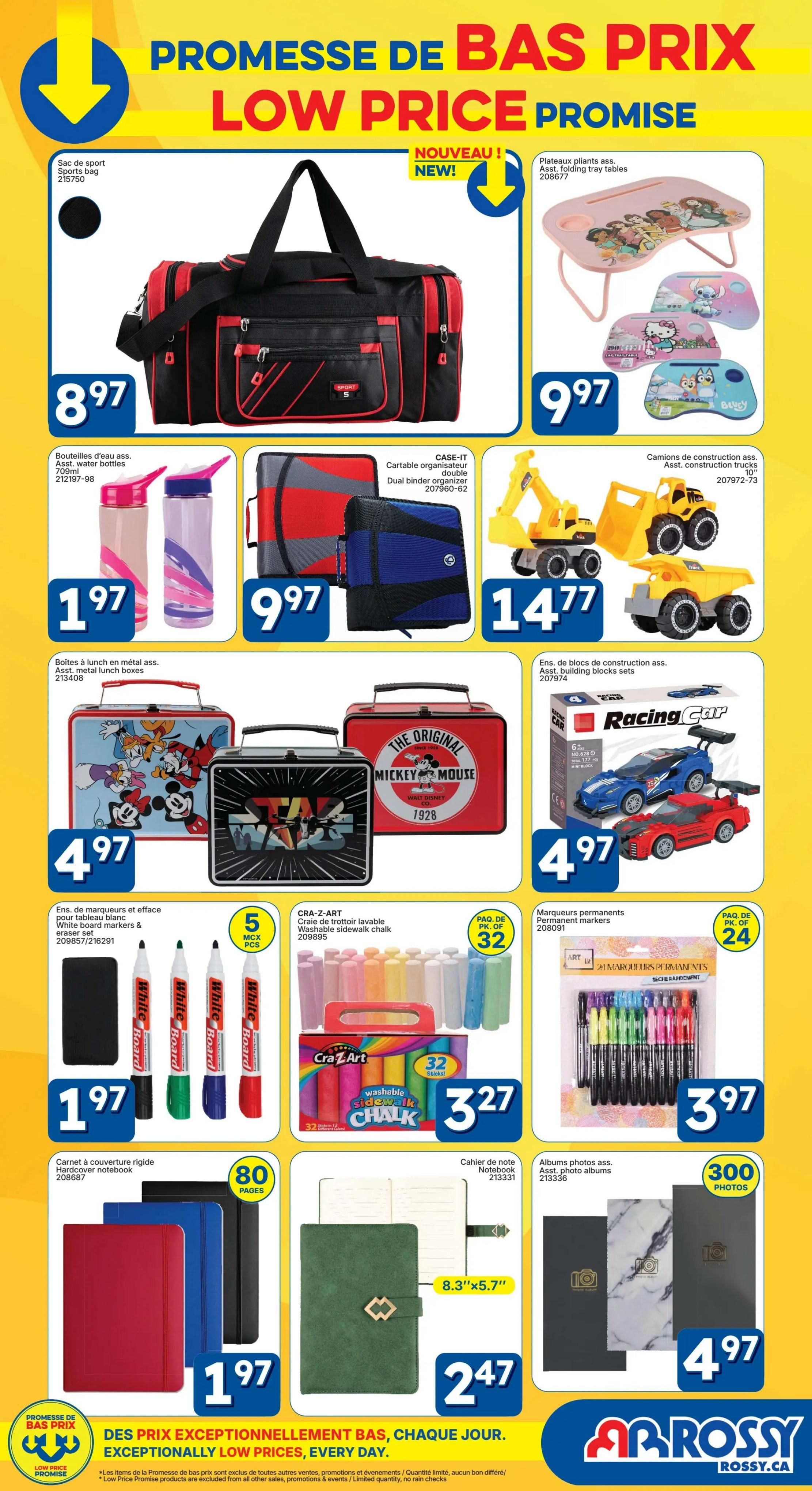 Rossy flyer page featuring a 'Low Price Promise' theme. The page displays a variety of products including a black and red sports bag for $8.97, assorted folding tray tables with character designs for $9.97, and a dual binder organizer for $9.97. Also featured are assorted water bottles for $1.97, a set of 5 metal lunch boxes with character designs (Mickey Mouse, Star Wars) for $4.97, and assorted building blocks construction trucks for $14.77. Art supplies include a whiteboard markers and eraser set for $1.97, washable sidewalk chalk (32 pieces) for $3.27, and permanent markers (24 pieces) for $3.97. Stationery items include a 80-page hardcover notebook for $1.97, a 8.3'x5.7' notebook for $2.47, and assorted photo albums with space for 300 photos for $4.97. The bottom of the page emphasizes 'Exceptionally Low Prices, Every Day.