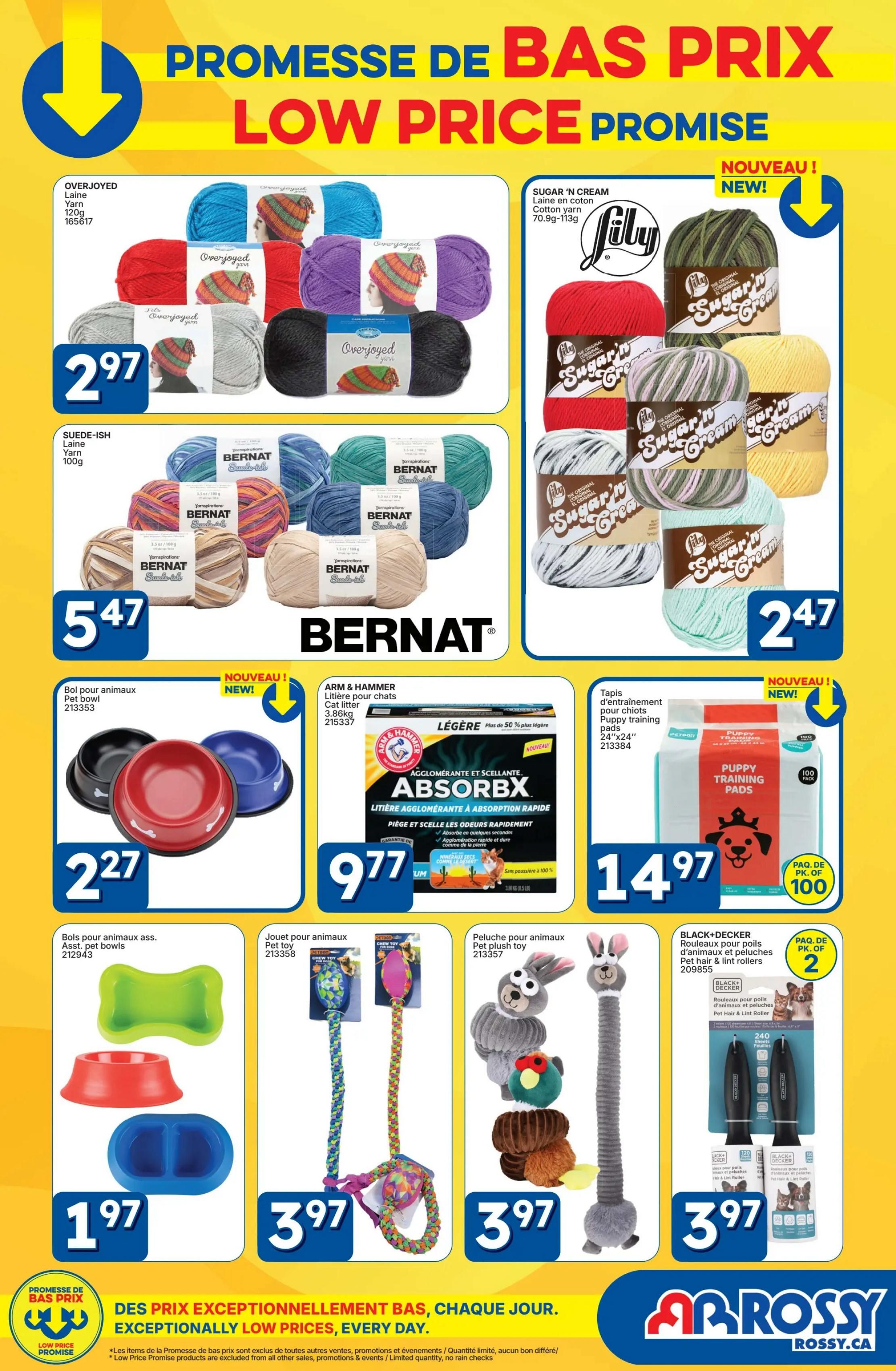 Rossy flyer page 14 featuring a Low Price Promise. Top section showcases OVERJOYED yarn for $2.97 and SUEDE-ISH yarn by BERNAT for $5.47. Also featured is LILY Sugar 'n Cream Cotton Yarn for $2.47. The middle section highlights NEW items: Pet bowls for $2.27, ARM & HAMMER AbsorbX cat litter for $9.77, and puppy training pads for $14.97. The bottom section displays assorted pet bowls for $1.97, pet chew toys for $3.97, a pet plush toy for $3.97, and BLACK+DECKER pet hair and lint rollers for $3.97. The flyer emphasizes 'Exceptionally Low Prices, Every Day.