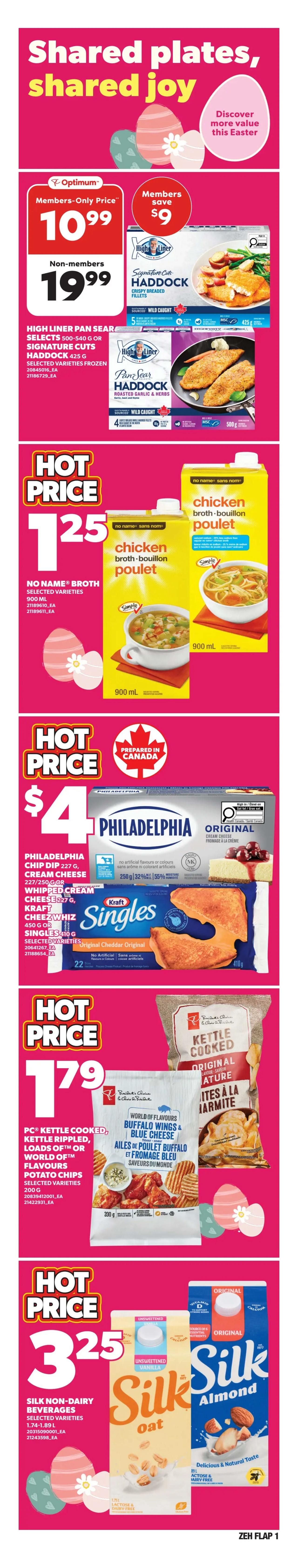 Zehrs weekly flyer specials page 2. Save up to $2.49 on Marcangelo Italian Deli Sliced Meat 85 g or Boursin Soft Cheese 150 g for $6. Hot Price on PC Dips or Hummus 200-228 g or Naan Crisps 170 g for $3. Hot Price on Sourdough or Pumpernickel Bread 675 g for $3.75, baked in-store. Save $2 on Neilson Trutaste Microfiltered Milk 4 L or Lactose Free Milk 2 L for $5.19. Hot Price on PC Natural Spring Water 24 x 500 mL for $3. The page also features a 'Help Feed More Families' campaign in proud association with Food Banks Canada.