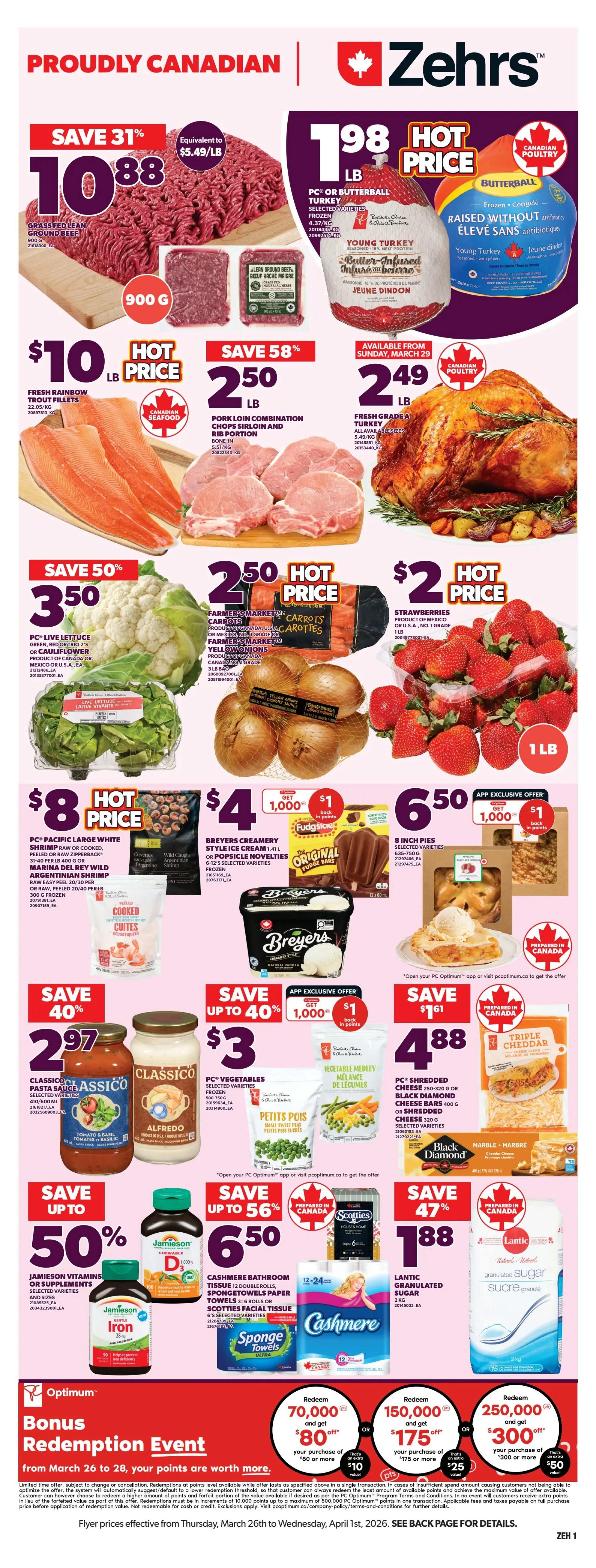Zehrs weekly flyer specials page 1 features 'Shared plates, shared joy' theme with Easter decorations. Members-only price for High Liner Pan Sear Selects or Signature Cuts Haddock frozen fillets is $10.99, with a $9 savings for members; non-members pay $19.99. Hot Price on No Name Chicken Broth, selected varieties, 900 mL for $1.25. Hot Price on Philadelphia Chip Dip, Cream Cheese, Whipped Cream Cheese, or Kraft Singles, selected varieties, 227 g or 250 g for $4. Hot Price on PC Kettle Cooked, Kettle Rippled, Loads of or World of Flavours Potato Chips, selected varieties, 200 g for $1.79. Hot Price on Silk Non-Dairy Beverages, selected varieties, 1.74-1.89 L for $3.25.