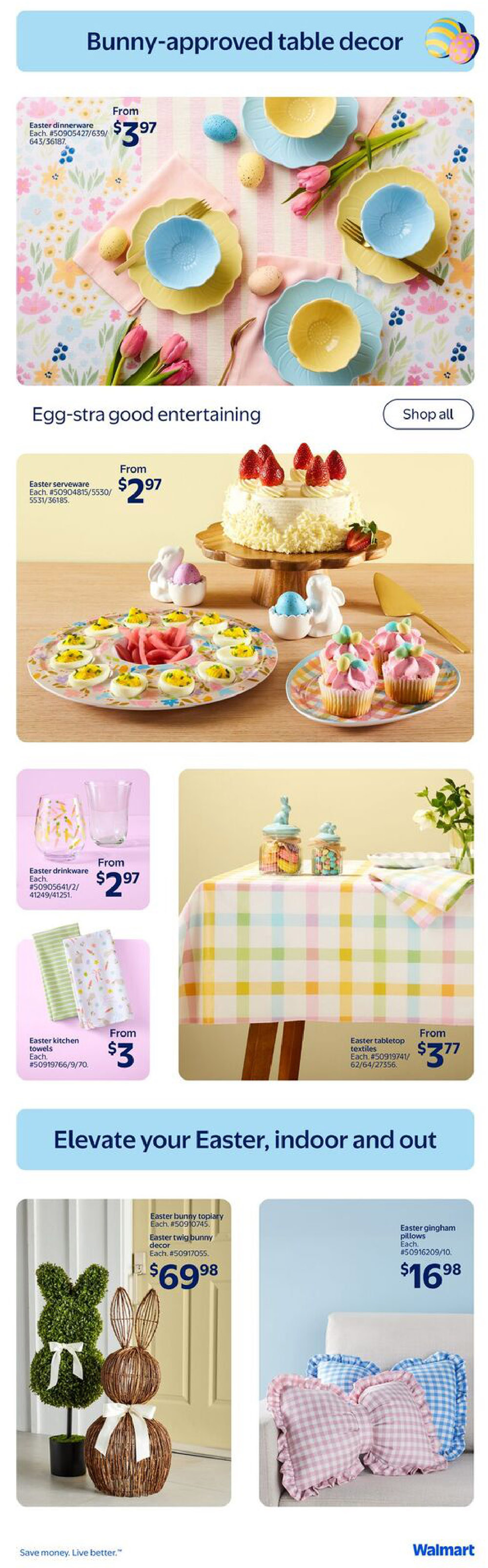 Walmart Canada flyer page 6 featuring Easter-themed table decor and outdoor decorations. Products include Easter dinnerware starting from $3.97, Easter serveware from $2.97, Easter drinkware from $2.97, and Easter kitchen towels for $3. Also featured are Easter tabletop textiles from $3.77. Decorative items include an Easter bunny topiary for $69.98 and Easter twig bunny decor for $69.98, as well as Easter gingham pillows for $16.98. The page has a 'Bunny-approved table decor' and 'Egg-stra good entertaining' theme.