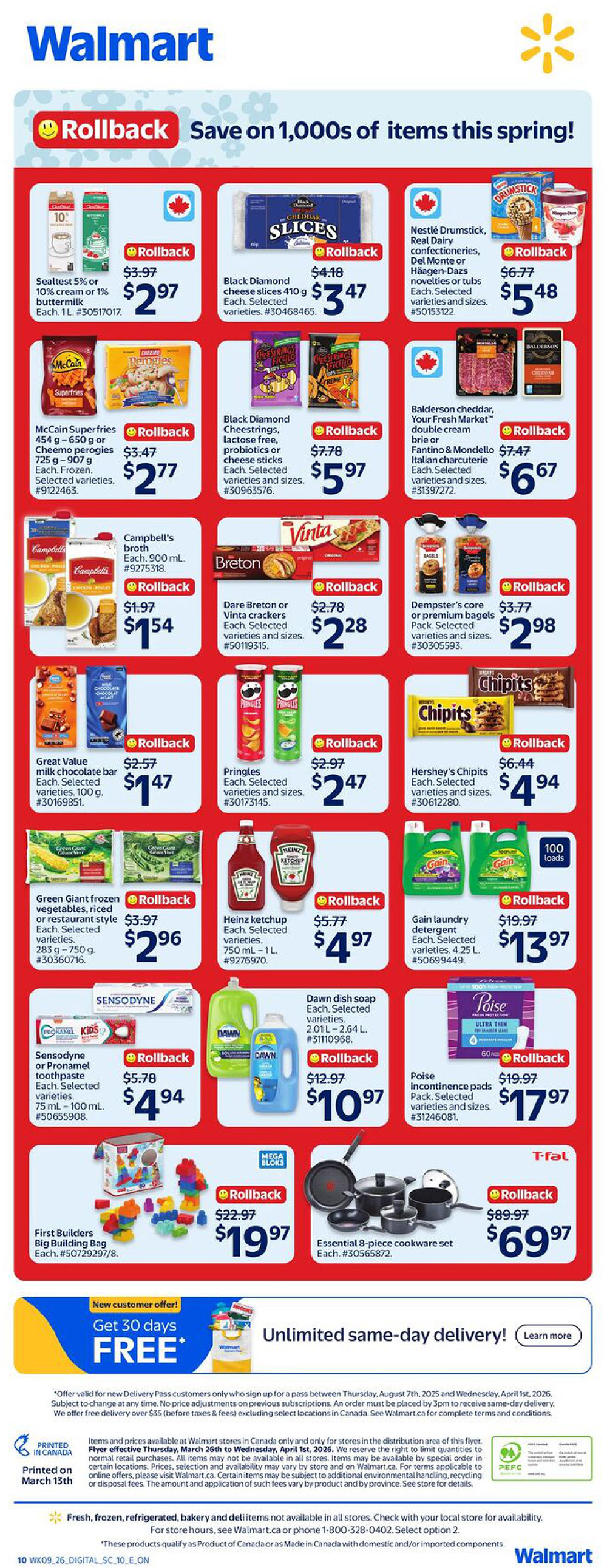 Walmart Canada flyer page 2 features a Rollback sale on numerous items. Featured products include Sealtest 5% or 10% cream or buttermilk for $2.97, Black Diamond cheese slices for $3.47, Nestlé Drumstick, Real Dairy ice cream, Del Monte or Häagen-Dazs novelties for $5.48, and Balderson cheddar, Your Fresh Market double cream brie or Fantino & Mondello Italian charcuterie for $6.67. Also on sale are McCain Superfries and Cheemo perogies for $2.77, Black Diamond cheese strings for $5.97, Campbell's broth for $1.54, Dare Breton or Vinta crackers for $2.28, Dempster's core or premium bagels for $2.98, Great Value milk chocolate bars for $1.47, Pringles for $2.47, Chipits for $4.94, Green Giant frozen vegetables for $2.96, Heinz ketchup for $4.97, Gain laundry detergent for $13.97, Dawn dish soap for $10.97, Poise incontinence pads for $17.97, First Builders Big Building Bag for $19.97, and an Essential 8-piece cookware set for $69.97. The flyer also highlights a 'New customer offer! Get 30 days FREE' for unlimited same-day delivery.