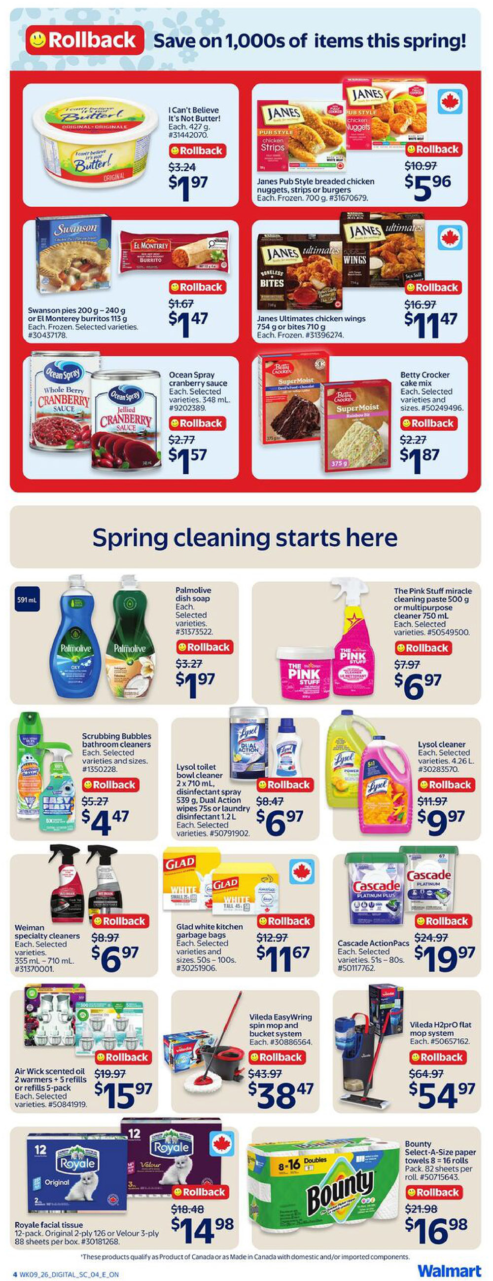 Walmart Canada flyer page 14 featuring Rollback savings on various spring cleaning essentials and food items. Featured food products include I Can't Believe It's Not Butter! for $1.97, Janes Pub Style breaded chicken nuggets, strips or burgers for $5.96, Swanson pies or El Monterey burritos for $1.47, Janes Ultimates chicken wings for $11.47, Ocean Spray cranberry sauce for $1.57, and Betty Crocker cake mix for $1.87. The spring cleaning section highlights Palmolive dish soap for $1.97, The Pink Stuff cleaning paste or multipurpose cleaner for $6.97, Scrubbing Bubbles bathroom cleaners for $4.47, Lysol toilet bowl cleaner and disinfectant spray for $6.97, Lysol cleaner for $9.97, Glad white kitchen garbage bags for $11.67, Cascade ActionPacs for $19.97, Vileda EasyWring spin mop and bucket system for $38.47, Vileda H2PRO flat mop system for $54.97, Air Wick scented oil warmers or refills for $15.97, Royale facial tissue for $14.98, and Bounty Select-A-Size paper towels for $16.98.