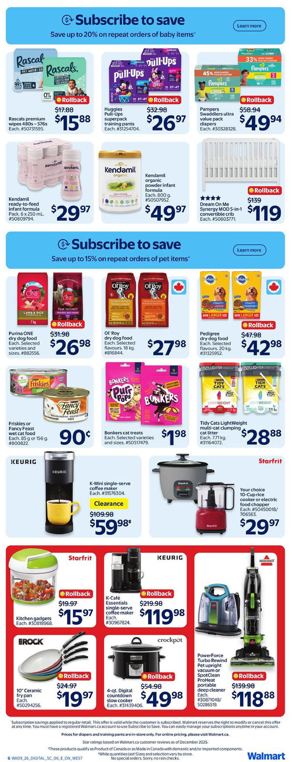 Walmart Canada flyer page 16 features savings on baby items and pet supplies. Top deals include Rascals premium wipes 480s-576s for $15.88, Huggies Pull-Ups superpack training pants for $26.97, and Pampers Swaddlers ultra value pack diapers for $49.94. Kendamil organic ready-to-feed infant formula 6 x 250 mL is $29.97, and Kendamil organic powder infant formula 800 g is $49.97. Dream On Me Synergy MOD 5-in-1 convertible crib is $119. For pet items, save on Purina ONE dry dog food for $26.98, Ol' Roy dry dog food 18 kg for $27.98, and Pedigree dry dog food 20 kg for $42.98. Friskies or Fancy Feast wet cat food 85 g or 156 g is 90 cents, and Bonkers cat treats are $1.98. Kitchen gadgets are $15.97. Small appliances on sale include a Keurig K-Mini single-serve coffee maker for clearance at $59.98, a Starfrit 10-Cup rice cooker or electric food chopper for $29.97, and a Keurig K-Café Essentials single-serve coffee maker for $119.98. Also featured are a 10' ceramic fry pan for $19.97, a Crockpot 4-qt. digital countdown slow cooker for $49.98, and a Bissell PowerForce Turbo Rewind Pet upright vacuum or SpotClean ProHeat portable deep cleaner for $118.88.