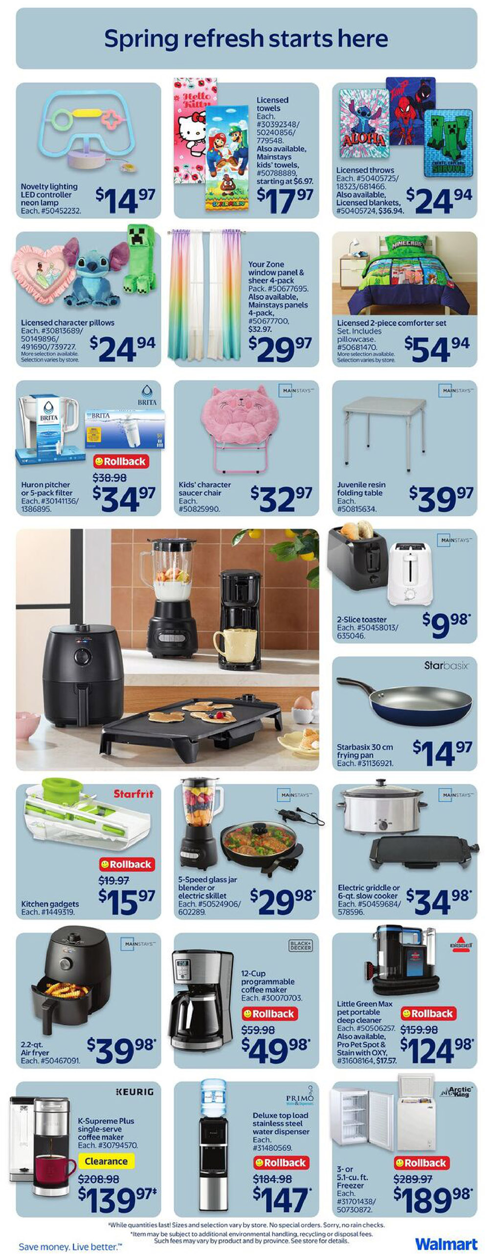 Walmart Canada flyer page 25 featuring home goods and kitchen appliances for spring. Deals include a Noveltly lighting LED controller neon lamp for $14.97, licensed character pillows for $24.94, licensed towels for $17.97, and licensed throws for $24.94. Also available are Mainstays kids' towels for $6.97. Home decor includes Your Zone window panel & sheer 4-pack curtains for $29.97 and a licensed 2-piece comforter set for $54.94. Kitchen appliances on sale are a Brita Huron pitcher or 5-pack filter for $34.97 (rollback from $38.98), a Starfrit kitchen gadgets set for $15.97 (rollback from $19.97), a 5-speed glass jar blender or electric skillet for $29.98, and a Starbasix 30 cm frying pan for $14.97. Small appliances include a 2.2-qt. air fryer for $39.98, a 2-slice toaster for $9.98, a 12-cup programmable coffee maker for $49.98 (rollback from $59.98), a Keurig K-Supreme Plus single-serve coffee maker on clearance for $139.97 (originally $208.98), a Primo Deluxe top load stainless steel water dispenser for $147 (rollback from $184.98), and a Little Green Max pet portable deep cleaner for $124.98 (rollback from $159.98). Other items include a kids' character saucer chair for $32.97, a juvenile resin folding table for $39.97, an electric griddle or 6-qt. slow cooker for $34.98, and a 3-or 5.1-cu. ft. freezer for $189.98 (rollback from $289.97).