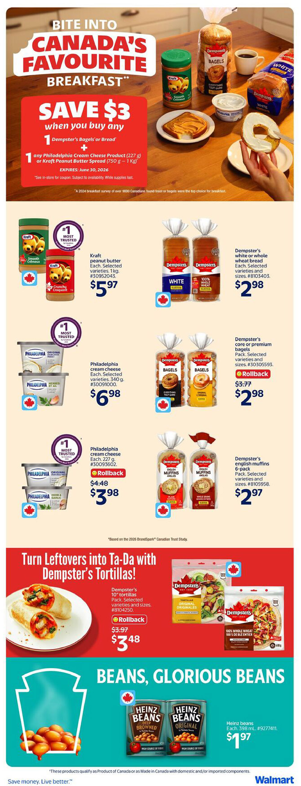 Walmart Canada Atlantic Canada Weekly Flyer Specials, Page 27. This page features breakfast and pantry staples. Save $3 when you buy any Dempster's Bagels or Bread plus any Philadelphia Cream Cheese Product (227g) or Kraft Peanut Butter Spread (750g - 1kg), expires June 30, 2026. Featured products include Kraft Peanut Butter (1kg) for $5.97, Dempster's white or whole wheat bread for $2.98, Dempster's core or premium bagels for $2.98 with a rollback from $3.77, and Philadelphia cream cheese (340g) for $6.98. Also on sale is Philadelphia cream cheese (227g) for $3.98 with a rollback from $4.48, and Dempster's English muffins (6-pack) for $2.97. Turn leftovers into ta-da with Dempster's Tortillas! Dempster's 10' tortillas (pack) are on rollback for $3.48 from $3.97. The page also highlights Heinz beans (398 mL) for $1.97, including Deep Browned and Original varieties. All featured products qualify as Product of Canada or made in Canada with domestic and/or imported components.