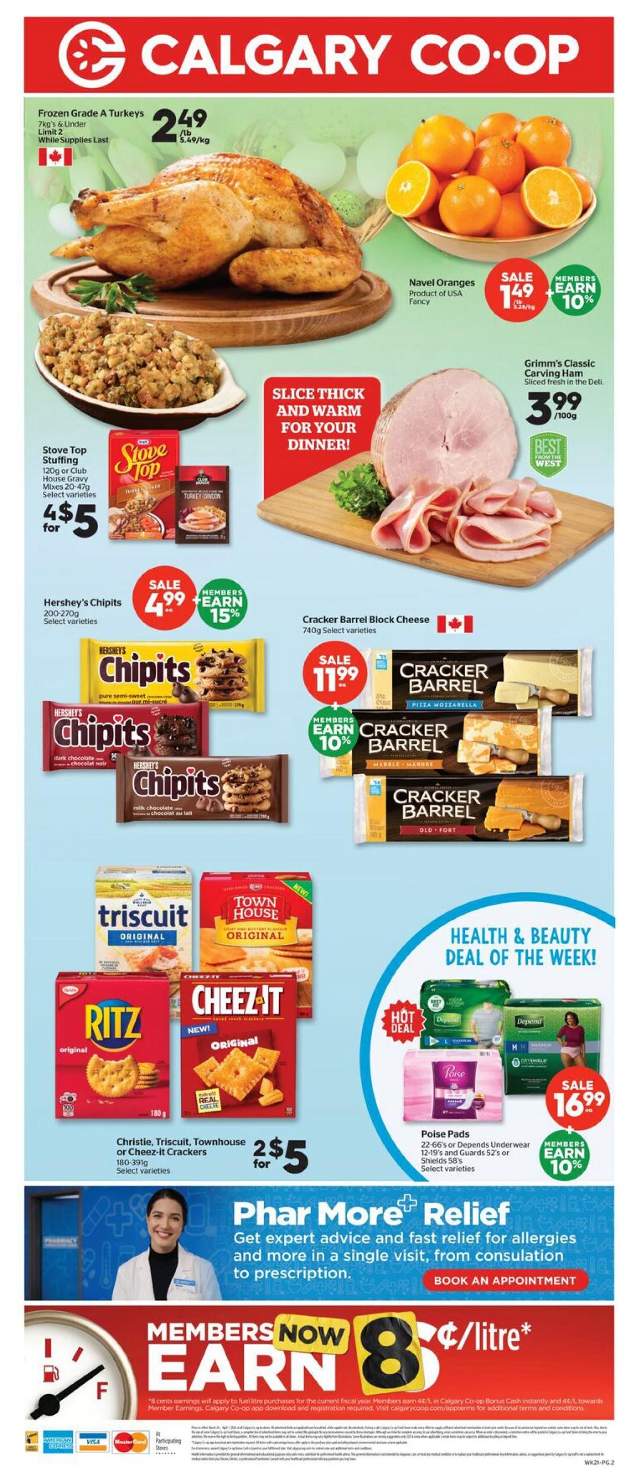 Calgary Co-op weekly flyer specials, page 2. Featured items include Frozen Grade A Turkeys at $2.49/lb (limit 2, while supplies last), and Navel Oranges (Product of USA Fancy) on sale for $1.49/lb with members earning 10% back. Grimm's Classic Carving Ham is sliced fresh in the deli for $3.99/100g. Stove Top Stuffing and Club House Gravy Mixes are 4 for $5. Hershey's Chipits (200-270g, select varieties) are on sale for $4.99 and members earn 15% back. Cracker Barrel Block Cheese (740g, select varieties) is on sale for $11.99 and members earn 10% back. Christie, Triscuit, Townhouse or Cheez-It Crackers (180-391g, select varieties) are 2 for $5. The Health & Beauty Deal of the Week features Poise Pads, Depends Underwear (22-66's or Guards 52's) or Shields 58's (select varieties) for $16.99, with members earning 10% back. The flyer also promotes Phar More Relief for expert advice and fast relief for allergies and more, from consultation to prescription, with a 'Book an Appointment' button. Members can earn 8 cents/litre on fuel purchases. Payment options include American Express, Visa, and Mastercard.