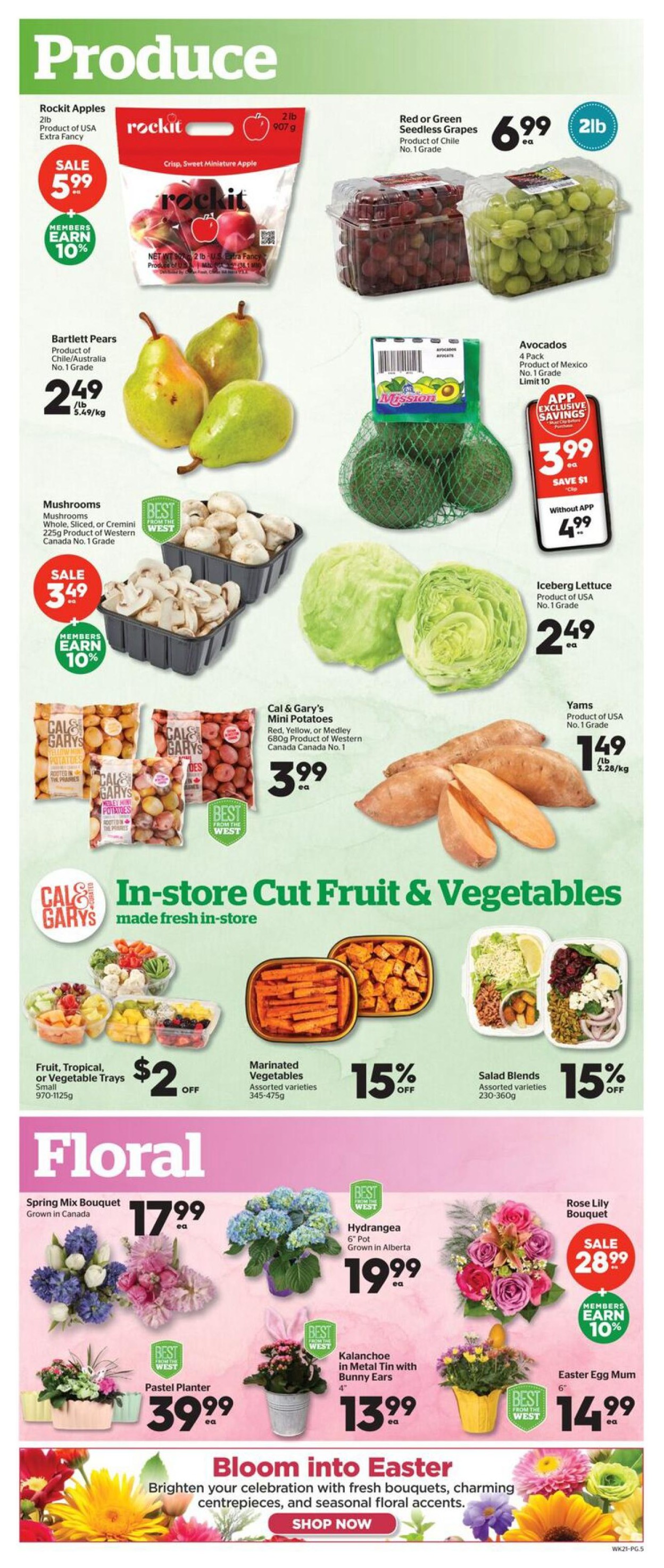 Calgary Co-op Weekly Flyer Specials Page 5: Features a variety of fresh produce and floral arrangements. Produce includes Rockit Apples on sale for $5.99 with members earning 10% extra, Bartlett Pears for $2.49/lb, Mushrooms (Whole, Sliced, or Cremini) on sale for $3.49 with members earning 10% extra, Red or Green Seedless Grapes for $6.99/2lb, Avocados (4 Pack) for $3.99 with app exclusive savings (save $1, or $4.99 without app), Iceberg Lettuce for $2.49 each, Cal & Gary's Mini Potatoes (Red, Yellow, or Medley) for $3.99 each, and Yams for $1.49/lb. Also featured are In-store Cut Fruit & Vegetables including Fruit, Tropical, or Vegetable Trays for $2 OFF, Marinated Vegetables at 15% OFF, and Salad Blends at 15% OFF. The Floral section includes Spring Mix Bouquet for $17.99, Hydrangea (6' Pot) for $19.99, Kalanchoe in Metal Tin with Bunny Ears for $13.99, Rose Lily Bouquet on sale for $28.99 with members earning 10% extra, and Easter Egg Mum (6') for $14.99. The page also promotes 'Bloom into Easter' with fresh bouquets, centrepieces, and seasonal floral accents, with a 'Shop Now' button.